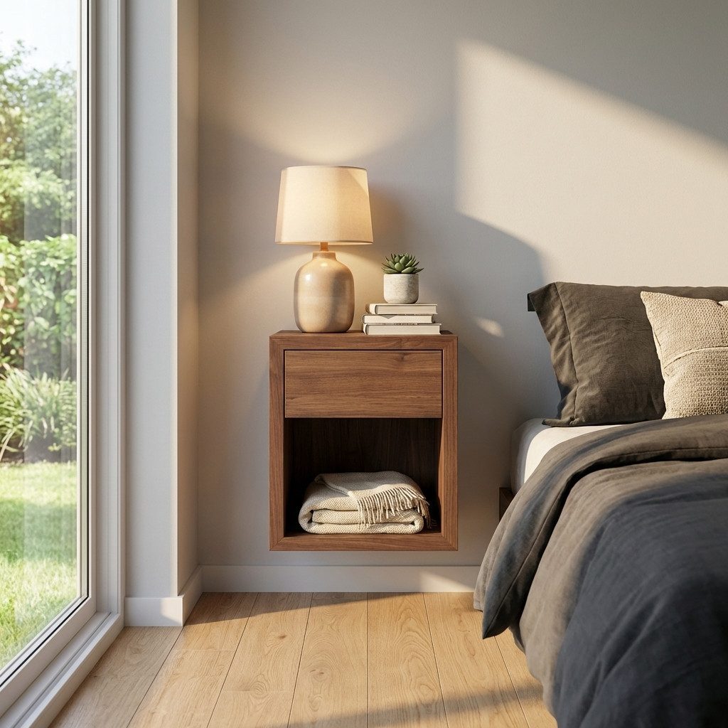 Woodek Design Nachttisch 2er-Set Nachttisch Hugo Cubic 30 aus massivem Nussbaum (Beistelltisch aus matt lackiertem Walnussholz, 2-St., schwebendes Wandregal), kompakter Nachtschrank mit Ablage