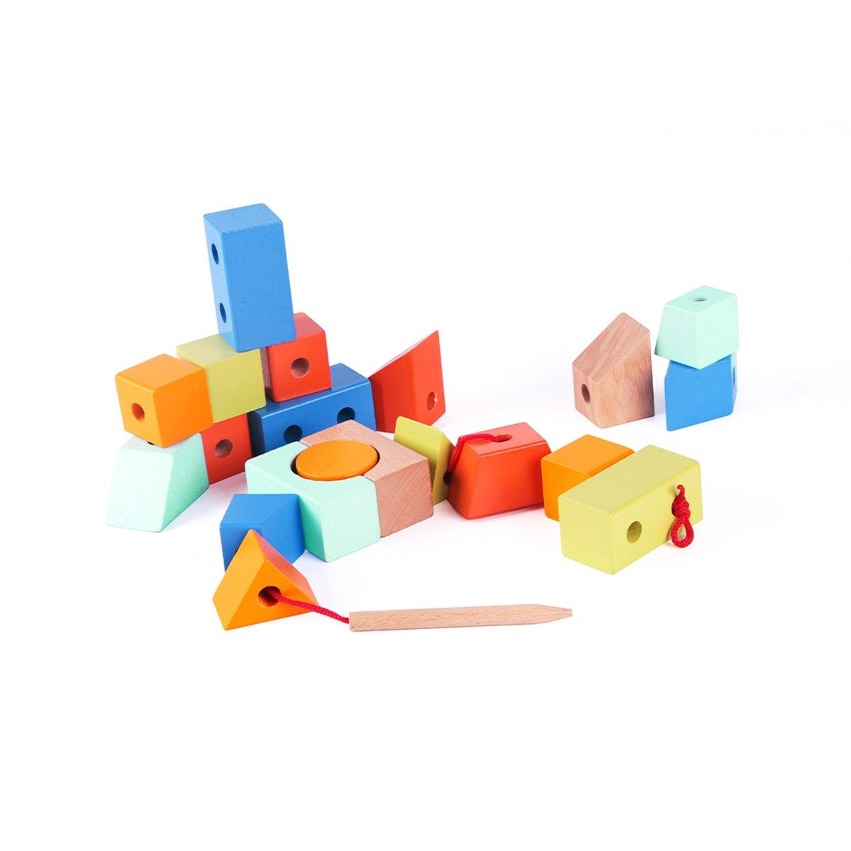 Classic World Fädelkette Formen Fädelspiel 20 bunte Holzklötze ab 18 Monaten Spielbauklötze