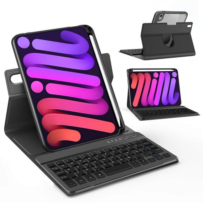 Tisoutec Tastatur Hülle 360° Drehung für iPad Mini 6 Bluetooth Abnehmbarer Tastatur mit Hülle Standfunktion für iPad Mini 6. Generation 8 3 Zoll Schwarz Tastatur