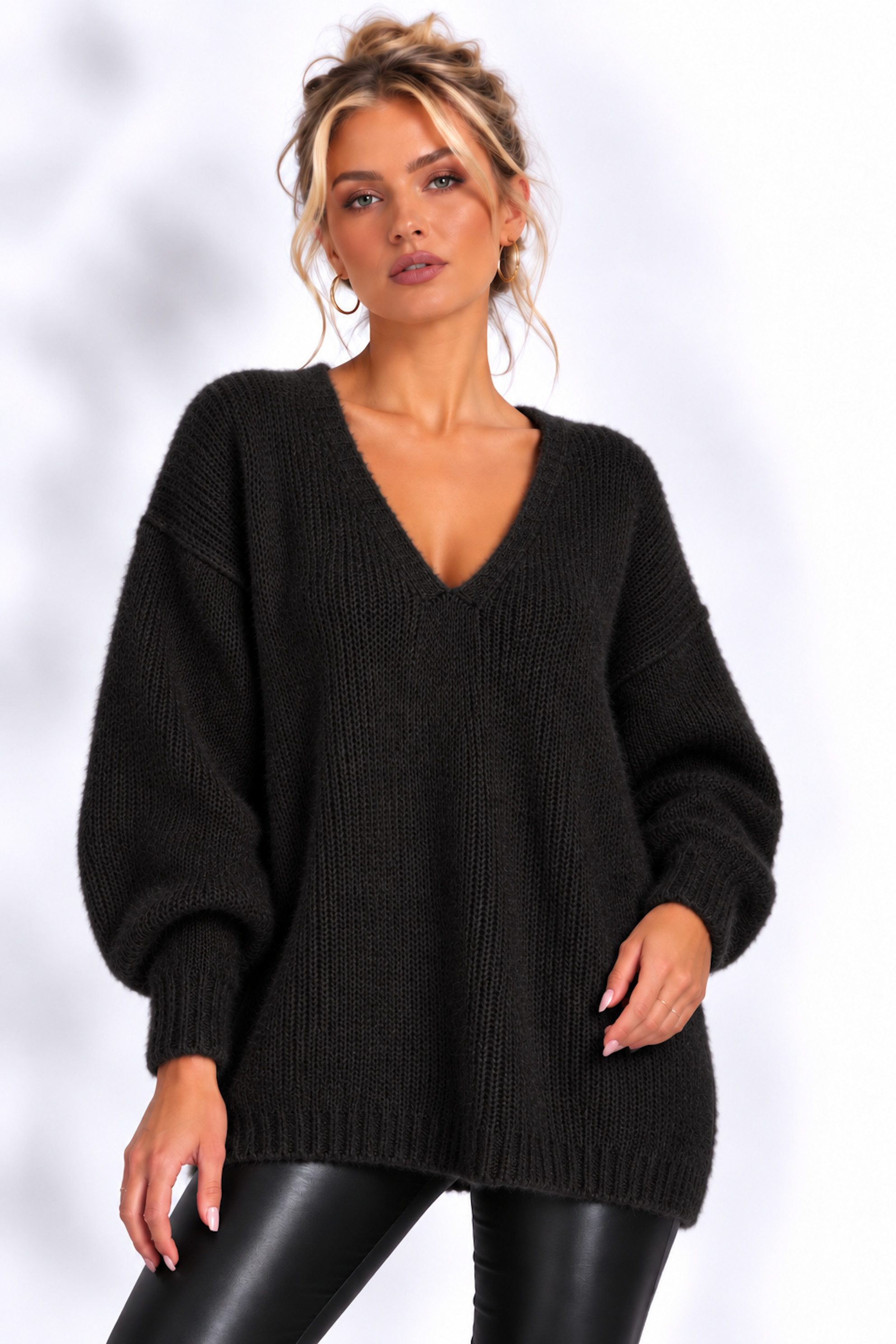 Worldclassca Longpullover WORLDCLASSCA Damen Oversize Strickpulllover Lang Pulli V-Ausschnitt Neue Kollektion - Stilvolle und gemütliche Strickmode für Damen