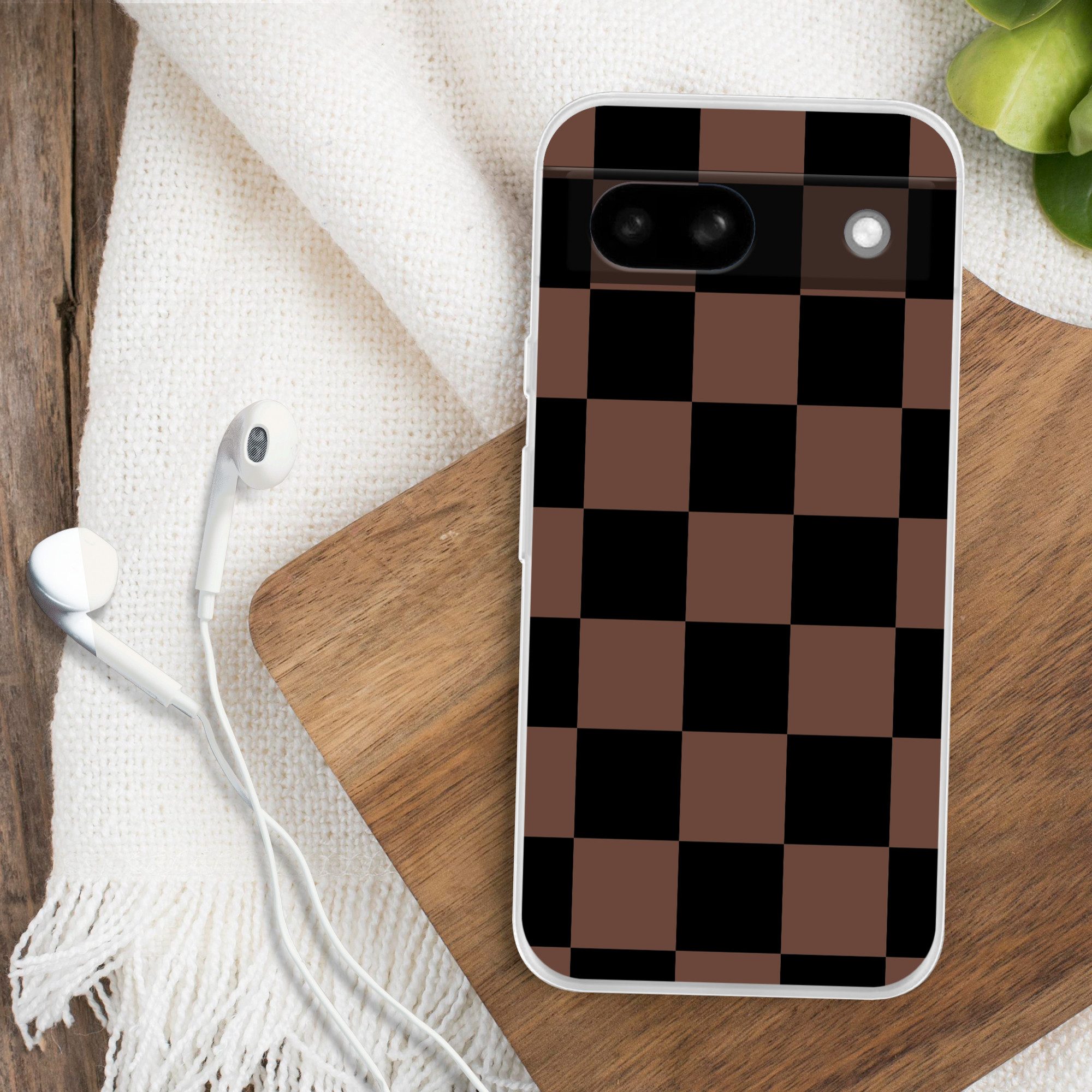 MuchoWow Handyhülle für Google Pixel 8a Schachbrettmuster - Braun - Schwarz - Blöcke, Phone Case, Silikon, Schutzhülle Dünn
