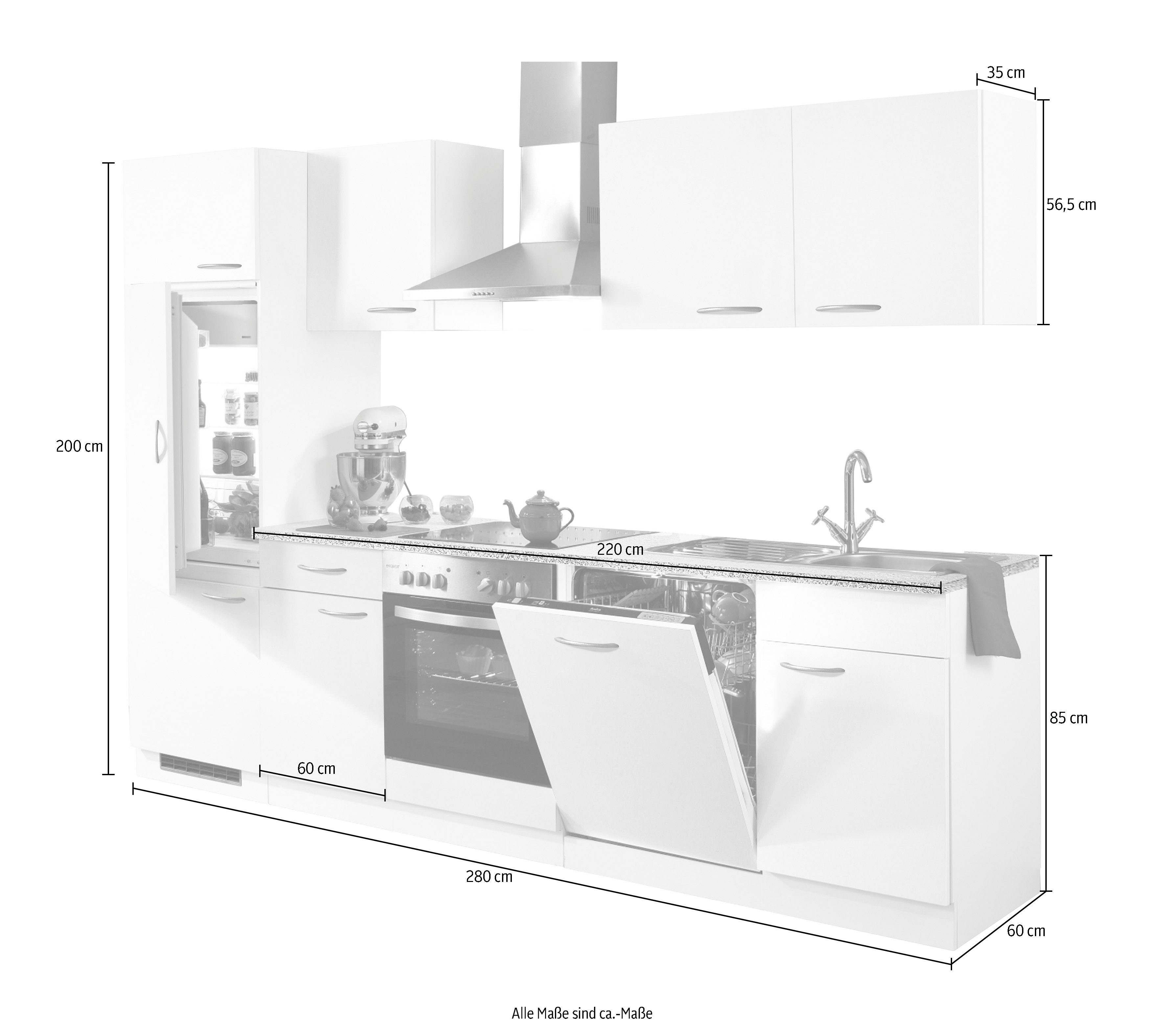 Weiß/Weiß E-Geräten, 280 inkl. wiho Weiß Breite Küchenzeile | Küchen Geschirrspüler, mit Kiel, cm