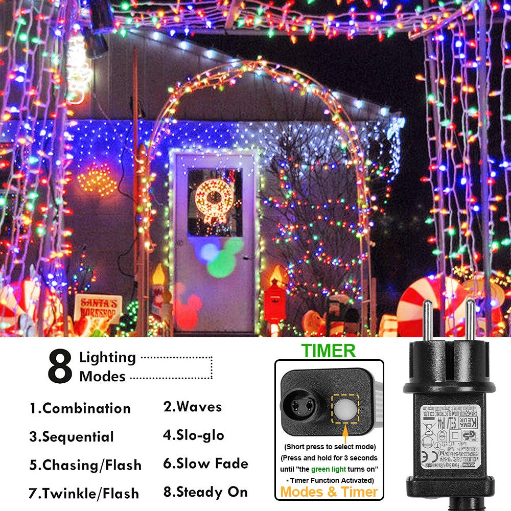 Rosnek Lichterkette 20M/30M/50M/100M 31V DC LED-Lichterkette, Timer, Speicherfunktion, 8 Modi für Zuhause Garten Hof Hochzeit Weihnachtsfeier Feiertag