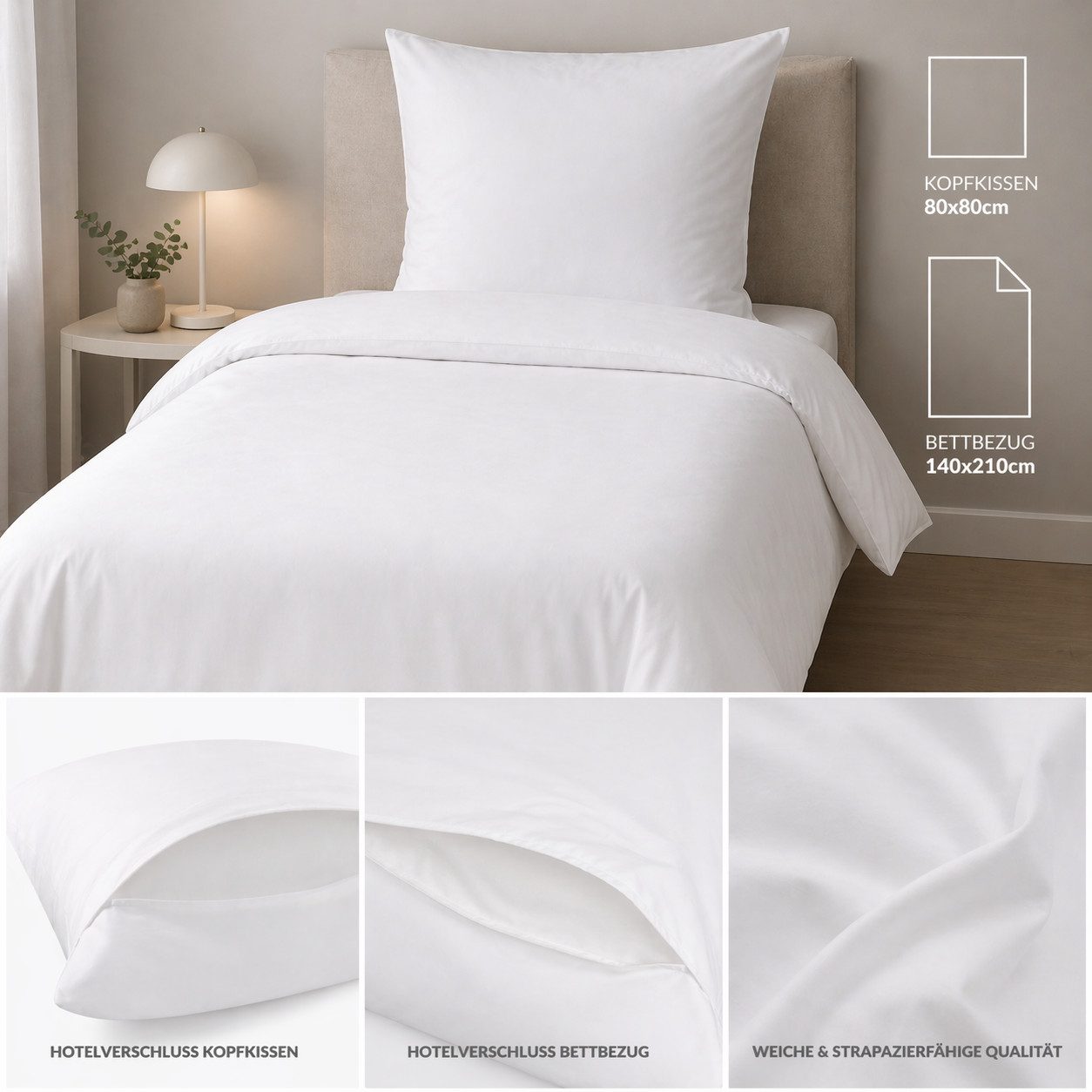 KH-Haushaltshandel Bettwäsche Bettwäsche kochfest, Hotel Verschluß, 2-tlg.: 140x210 +80x80cm, Baumwolle, mit Hotelverschluss, 100% Baumwolle – Bild 2 von 2
