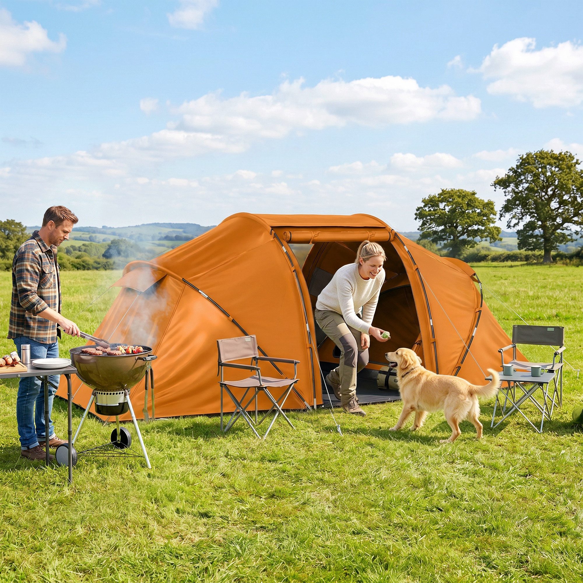 Outsunny Tunnelzelt Campingzelt mit Bodenplane, Personen: 4 (Familienzelt, 1 tlg., mit Transporttasche, 22 Heringe, 8 Abspannseile), für Camping Reise Trekking Garten, Orange
