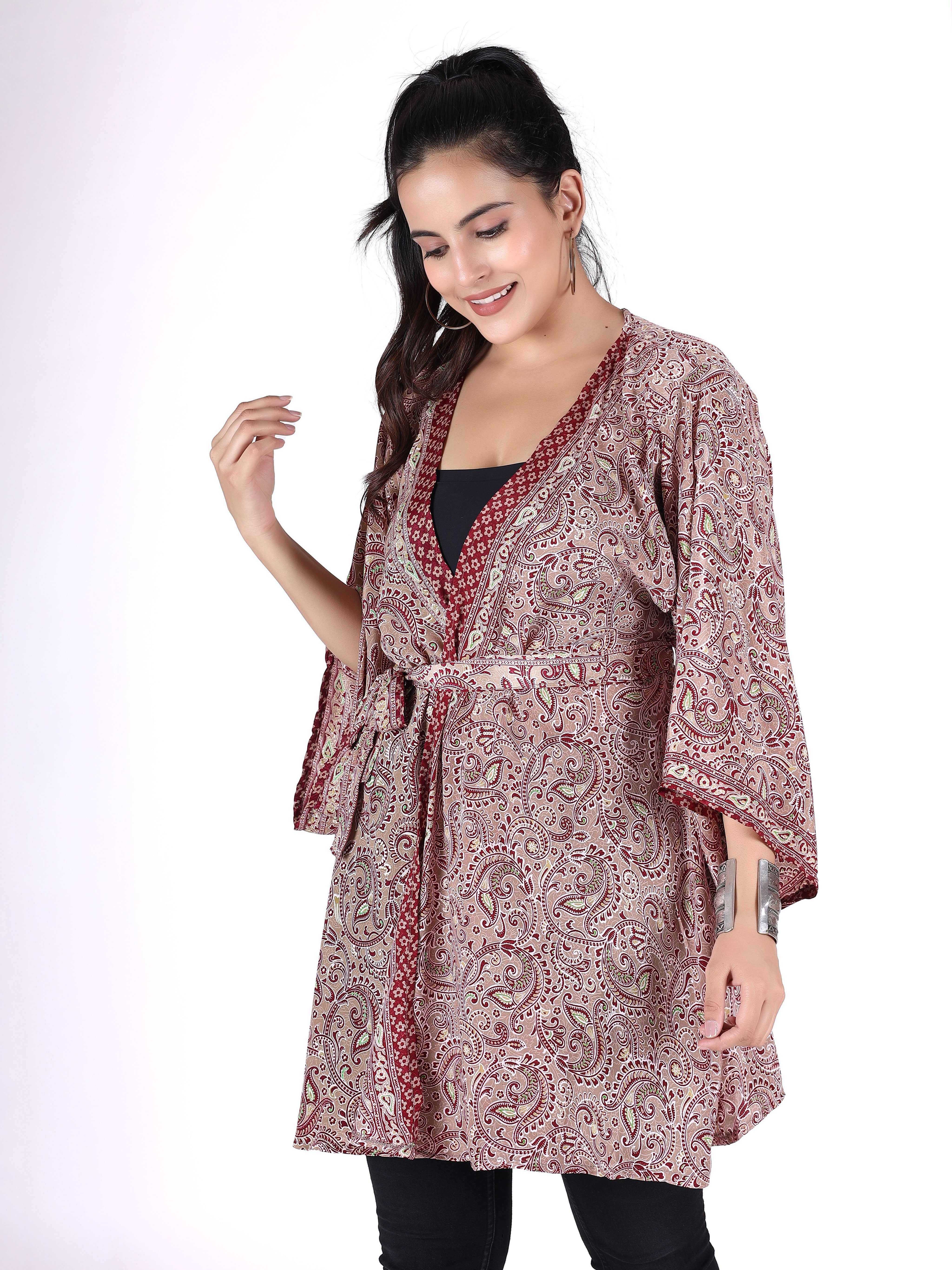 Kimono, beige/bordeaux Boho Kimonokleid.., Bekleidung Guru-Shop Kimonojäckchen, alternative Kimono kurzer