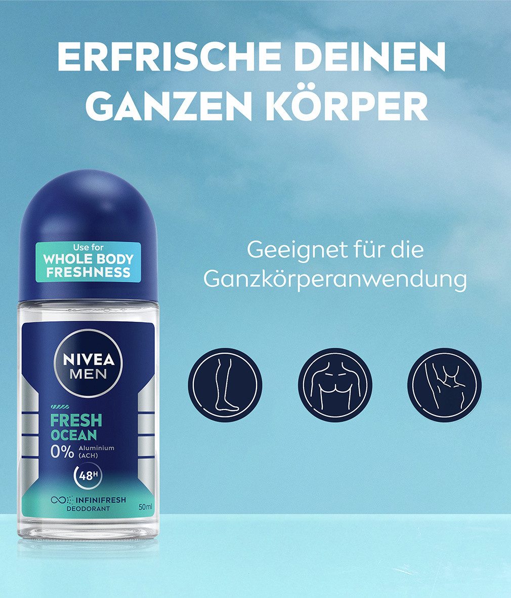 Nivea Men Deo-Roller Deodorant Fresh Ocean Deo Roll-On 6 x 50ml, 6-tlg.