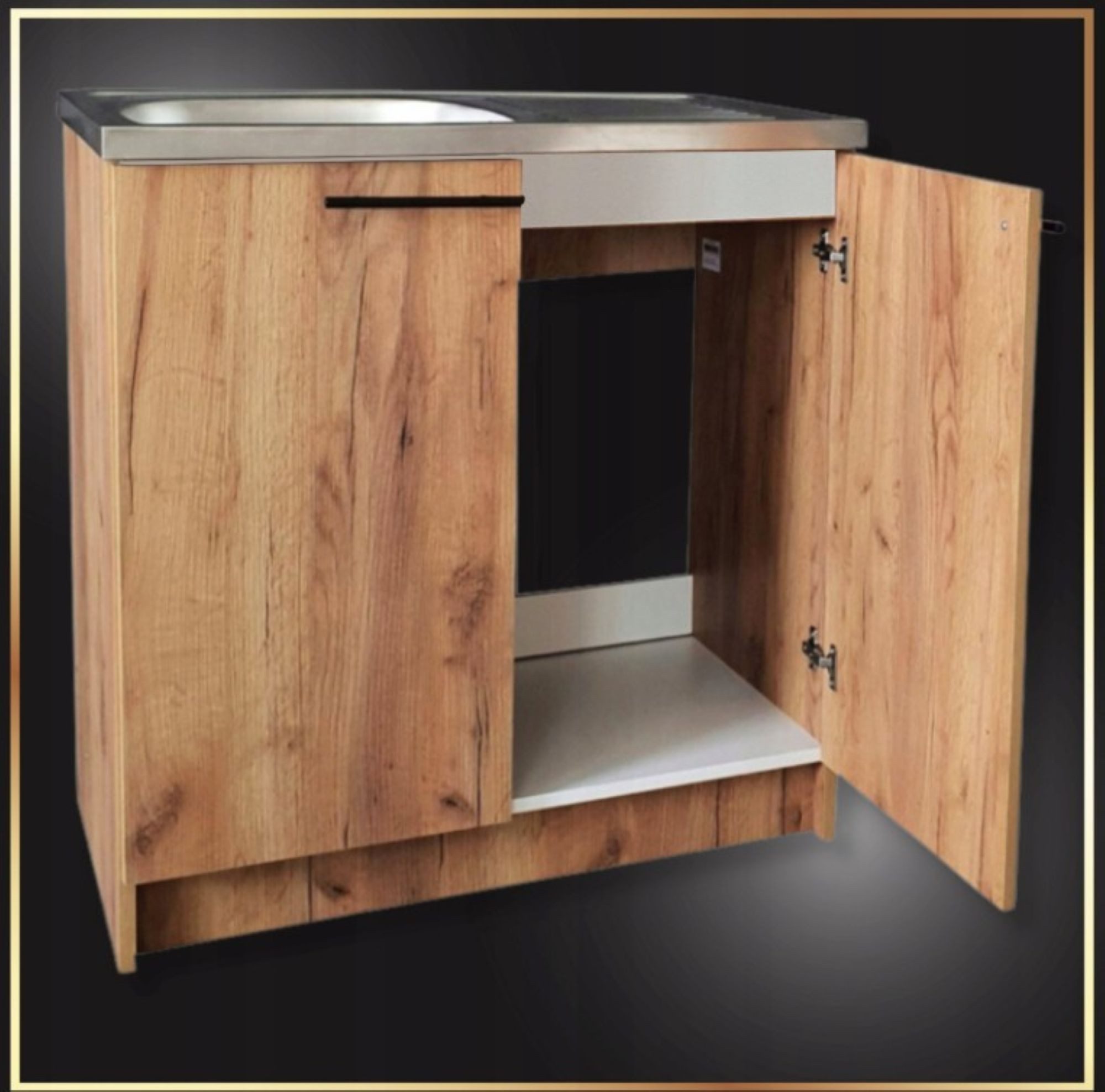 STAMAR Spülenschrank Küchenschrank 80cm Goldene Eiche Spüle Wandarmatur Chrom Siphon Set Standschrank 49cm Tiefe Edelstahl Spülbecken Geschirrspüler Komplett – Bild 2 von 5
