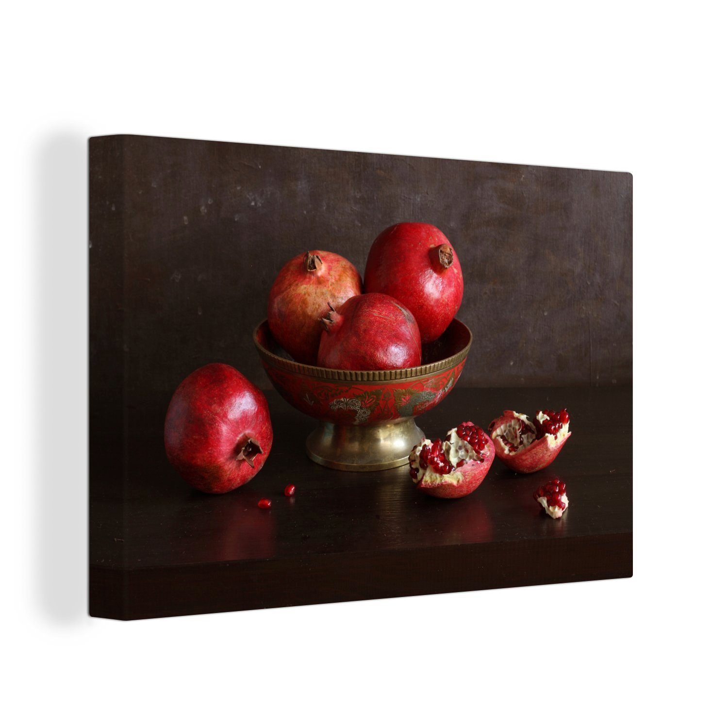 OneMillionCanvasses® Leinwandbild Obstschale - Granatapfel - Dekoration, (1 St), Wandbild für alle Wohnbereiche, Gemälde, XXL, großes, 120x80 cm