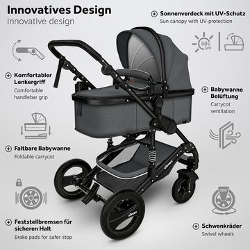 KIDUKU Kombi-Kinderwagen 3 in 1 Buggy Komplettset inkl. Babywanne, Auto-Babyschale, Fußsack, Voll-Gummireifen, Wickeltasche, Regenschutz, Kindertisch