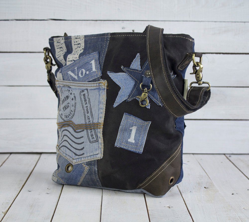 Jeans Aus und recycelten Crossbody recycelte Materialien Umhängetasche für Canvas. ihn, aus Sunsa Sie/ Umhängetasche bag schwarze