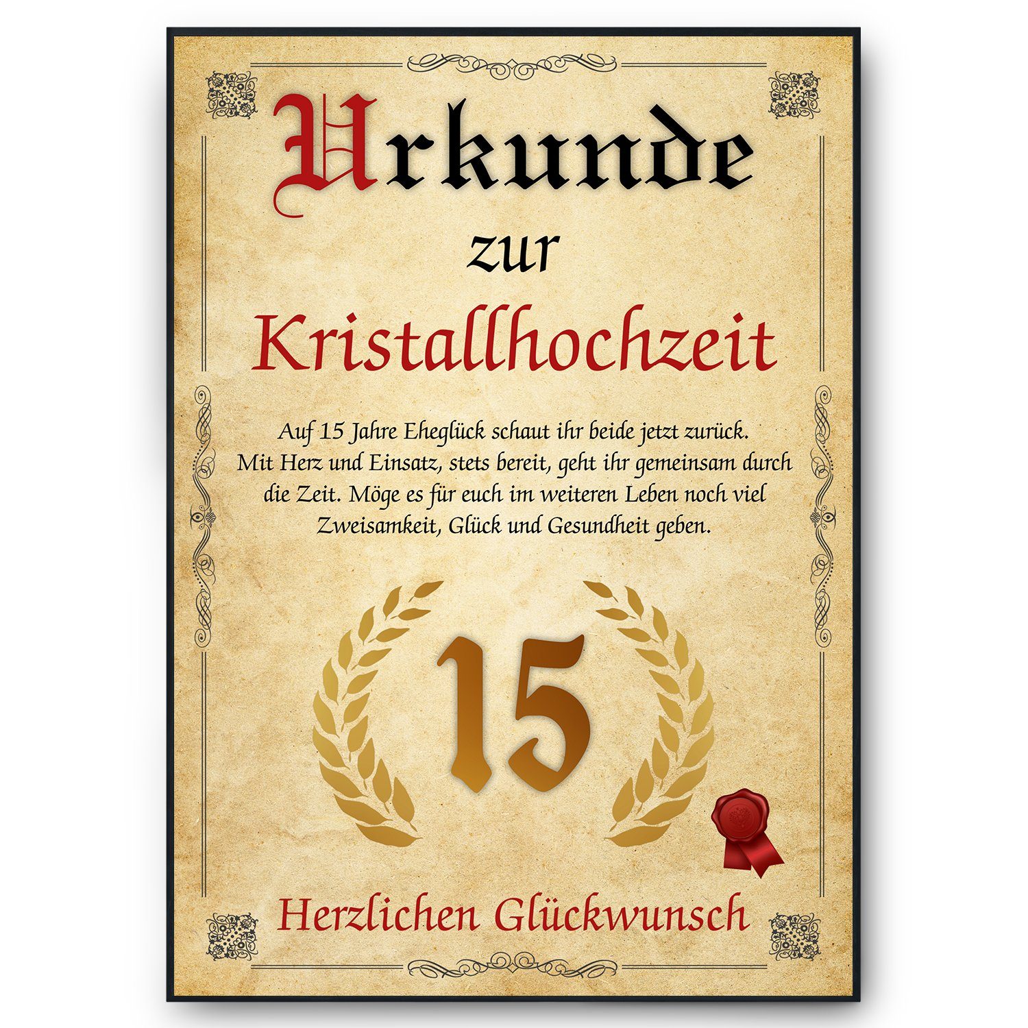 Tigerlino Poster Urkunde zum 15. Hochzeitstag Geschenk 15. Jahrestag Karte Ehepaar, Kristallhochzeit