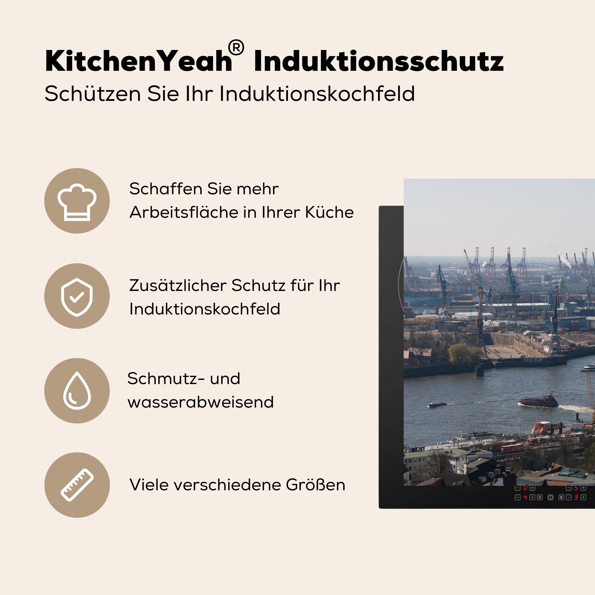 MuchoWow Herdblende-/Abdeckplatte Ceranfeldabdeckung Vinyl, cm, - Schutz Hamburg Induktionskochfeld tlg), küche, die Hafen für - Boot, (1 81x52