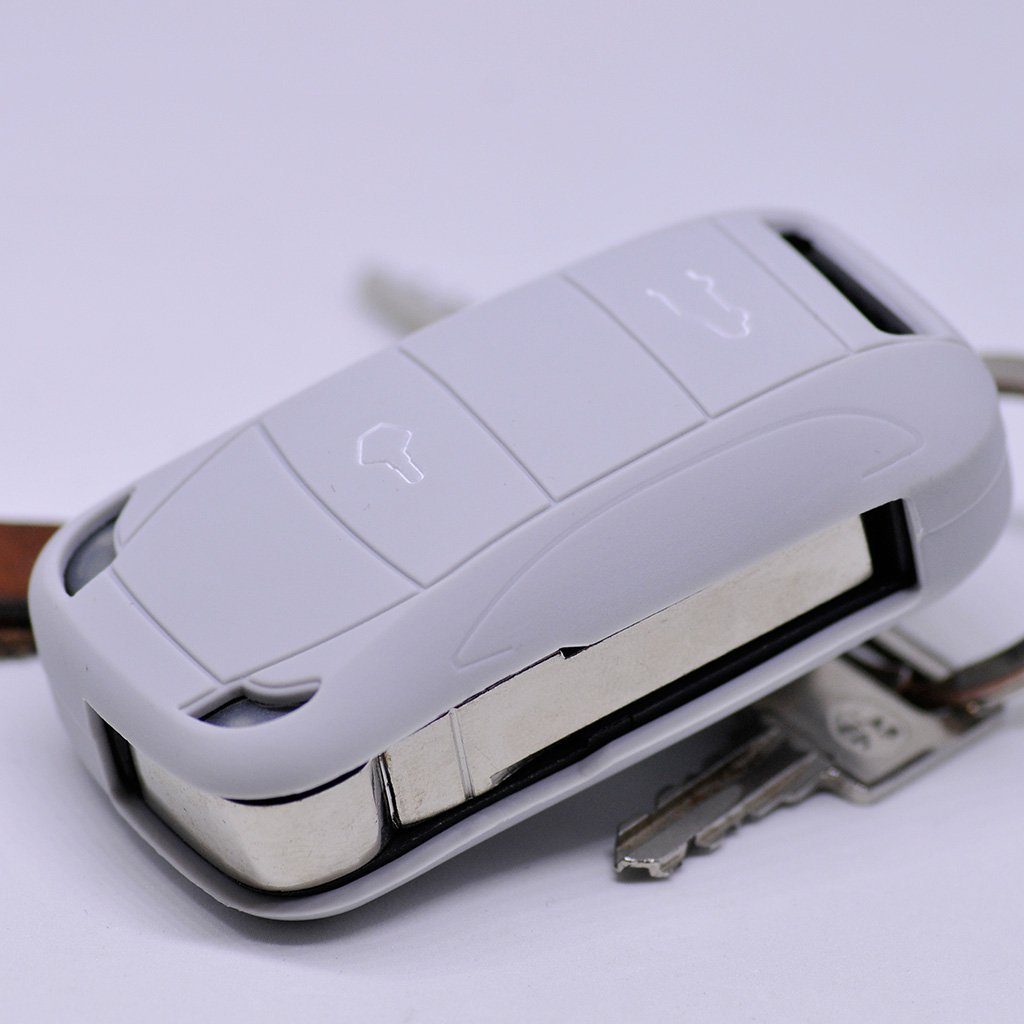 mt-key Schlüsseltasche Autoschlüssel Softcase Silikon Schutzhülle Grau, für Porsche Cayenne 955 9PA 2002-2012 2 Tasten Klappschlüssel