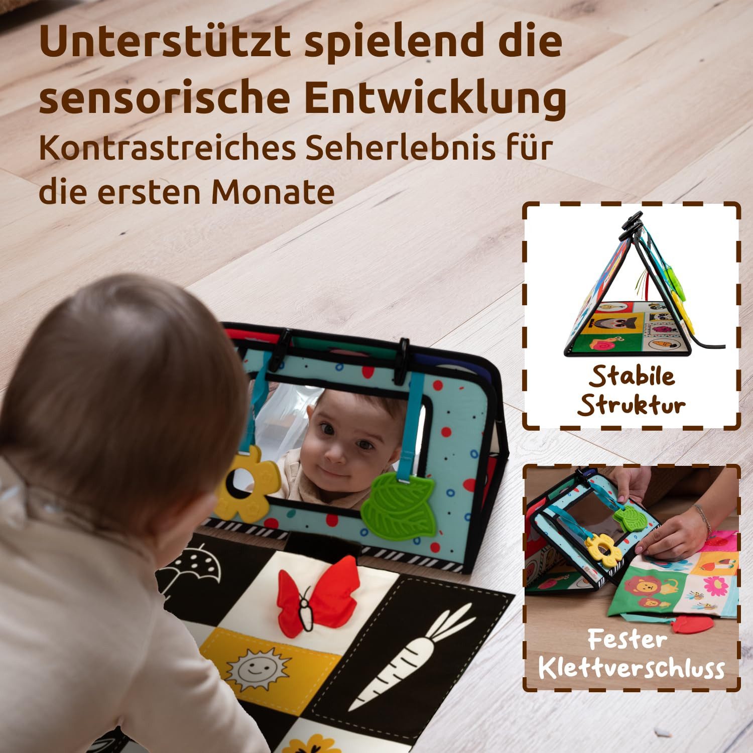 Mallie Babyspiegel Sensorik Baby Spiegel Spielzeug mit Bauchlage Knisterbuch (Babyspielzeuge ab 0, 3, 6 Monate I Baby Mirror Toy mit Schwarz Weiß Kontrast Muste – Bild 4 von 5