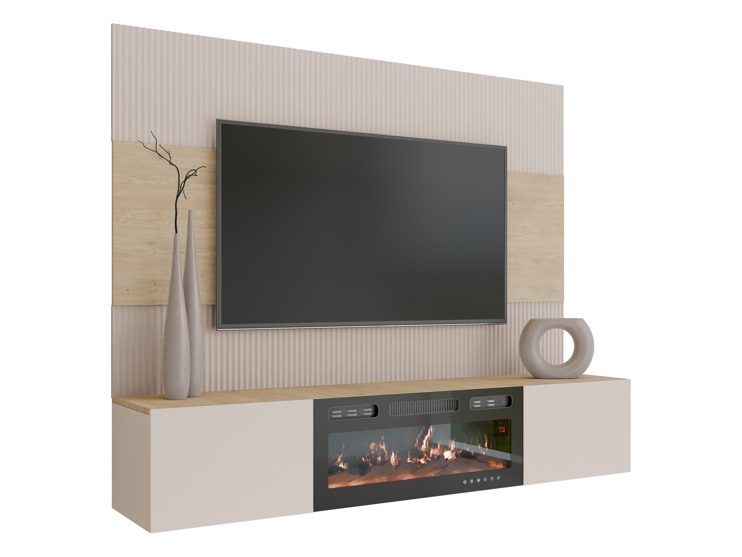 MIRJAN24 Wohnwand Deromi III mit Kamin, (2er-Set, TV-Lowboard mit Wandpaneel), Realistische LED-Flamme, Griffloses Öffnungssystem – Bild 2 von 5