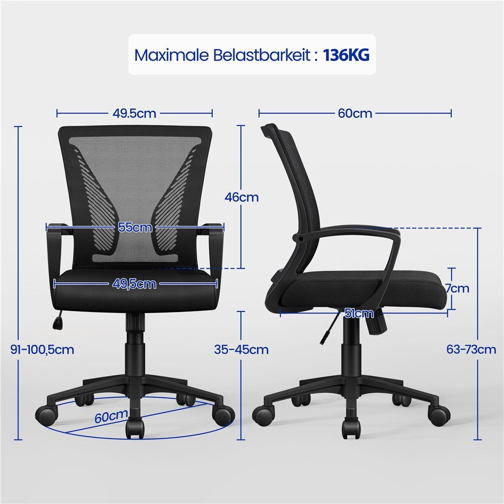 Yaheetech Bürostuhl aus Mesh-Gewebe Höhenverstellbarer Schreibtischstuhl, Ergonomischer Drehstuhl Arbeitsstuhl Computerstuhl mit Wippfunktion – Bild 4 von 5