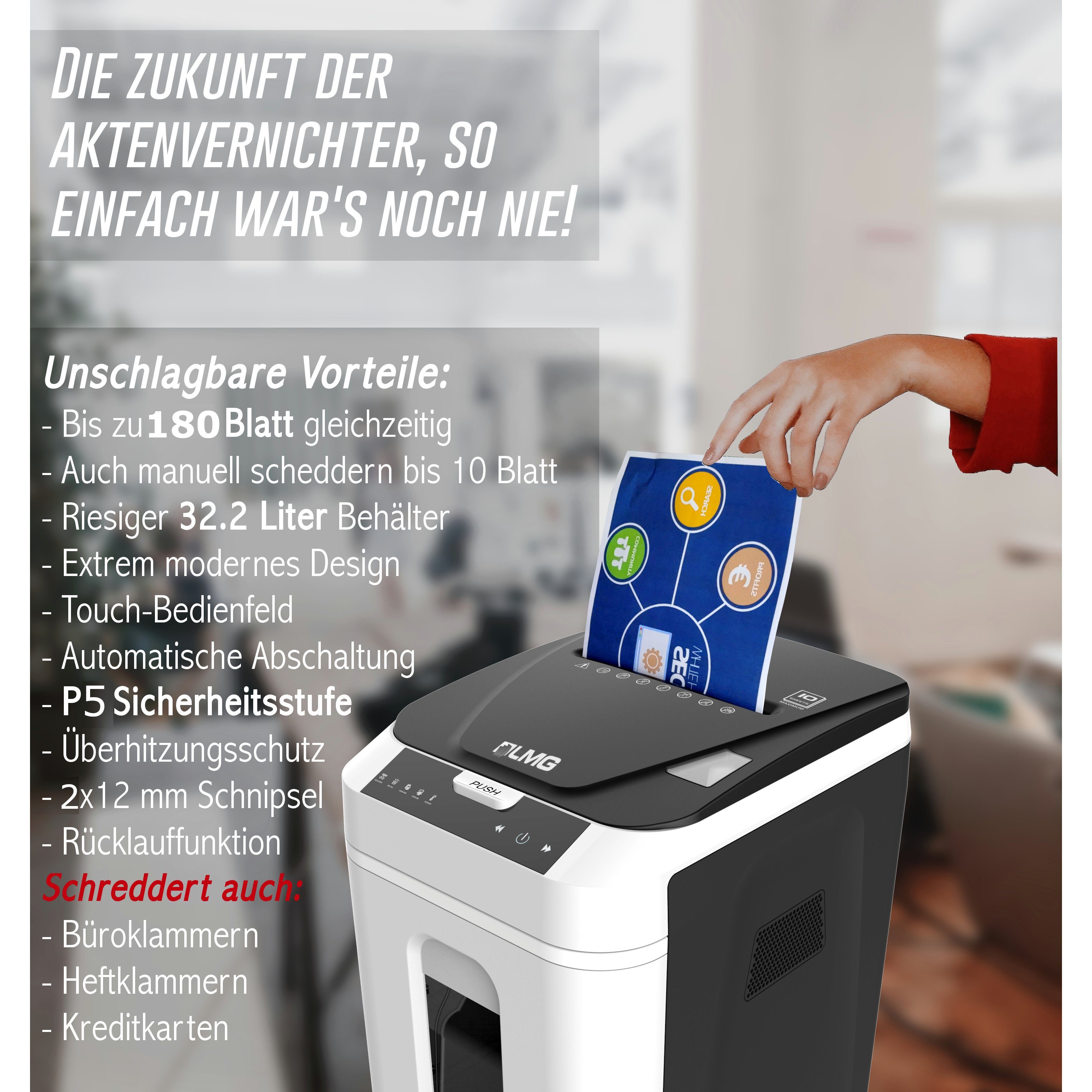 LMG Germany Aktenvernichter Autofeed Profi Shredder, 180 Blatt gleichzeitig, als P4 oder P5, Partikelschnitt Cross Cut, 32L Partikelschnitt weiß, sehr leise – Bild 3 von 5