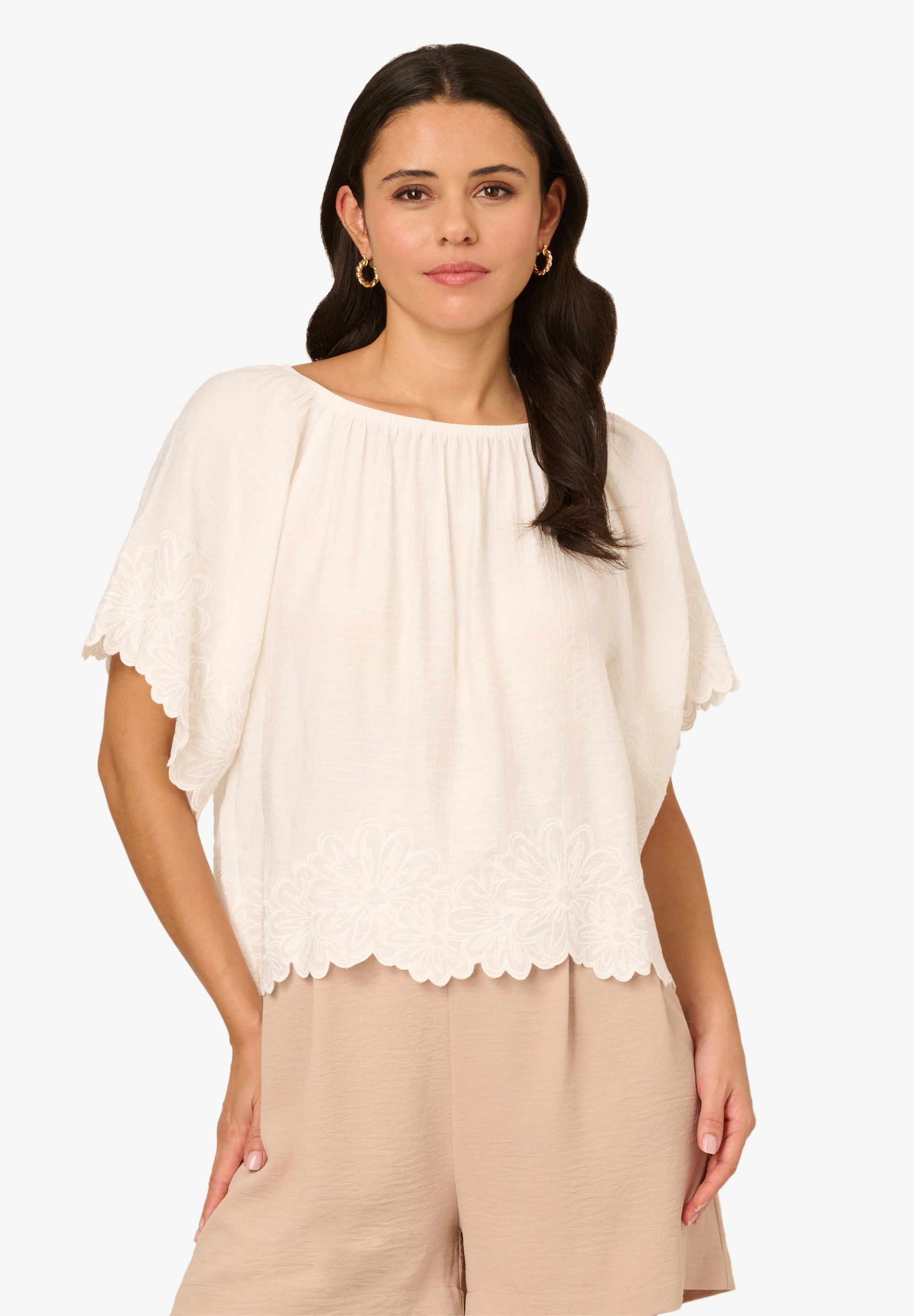 Adrianna Papell Kurzarmbluse Boat Neck Crinkled Woven Embroidered Floral Hem Top Ausgestellt, fließend, elegant