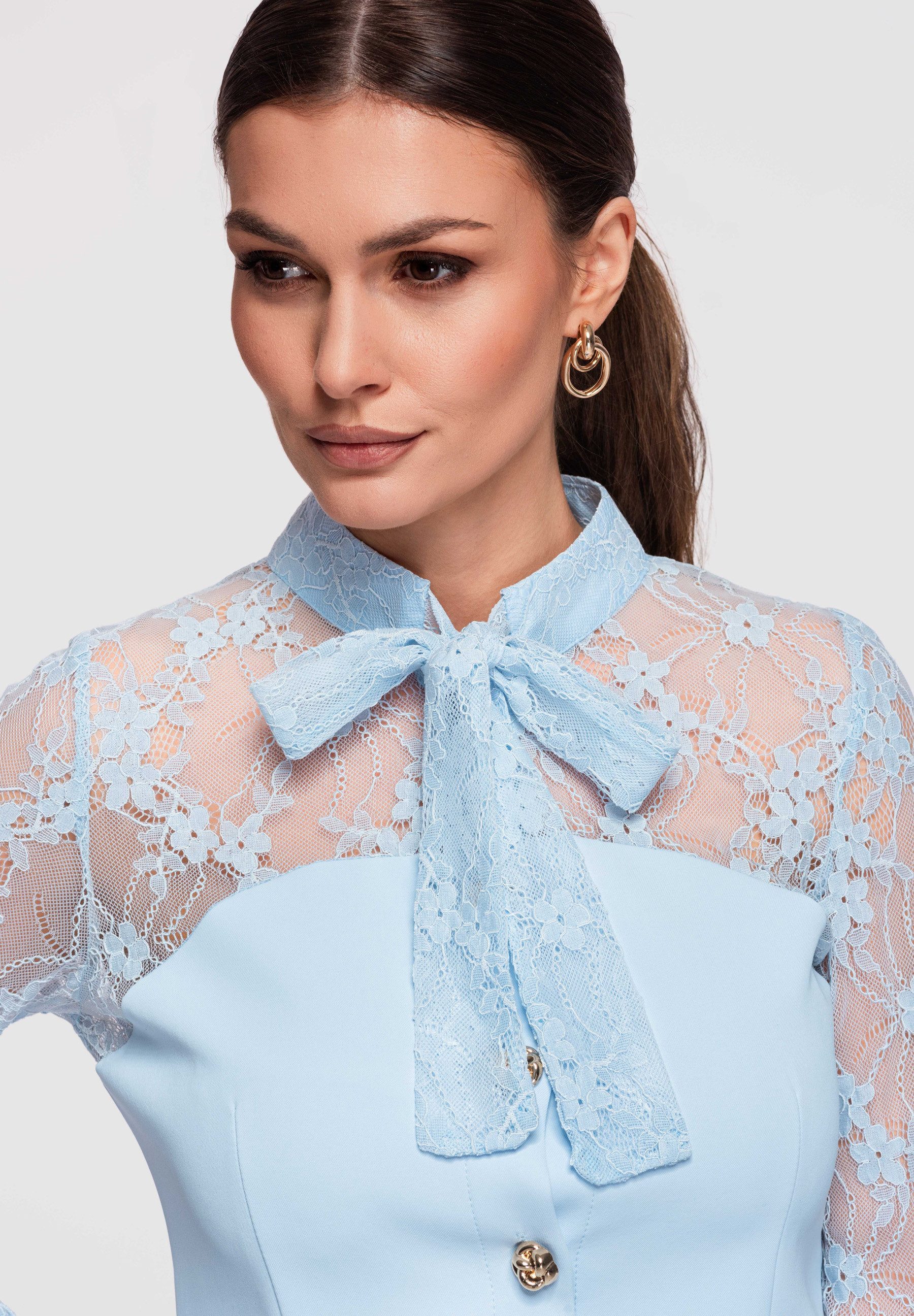 OMBRE Langarmhemd Damen Bluse Spitze Figurbetont Elegant Blau S (kein Set, günstig online kaufen