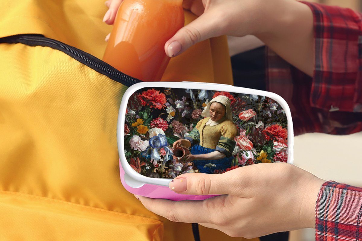 MuchoWow Lunchbox Snackbox, für Kunststoff, Milchmädchen - Erwachsene, rosa Johannes Farben, (2-tlg), Mädchen, Kunststoff - Vermeer - Kinder, Blumen Brotdose Brotbox
