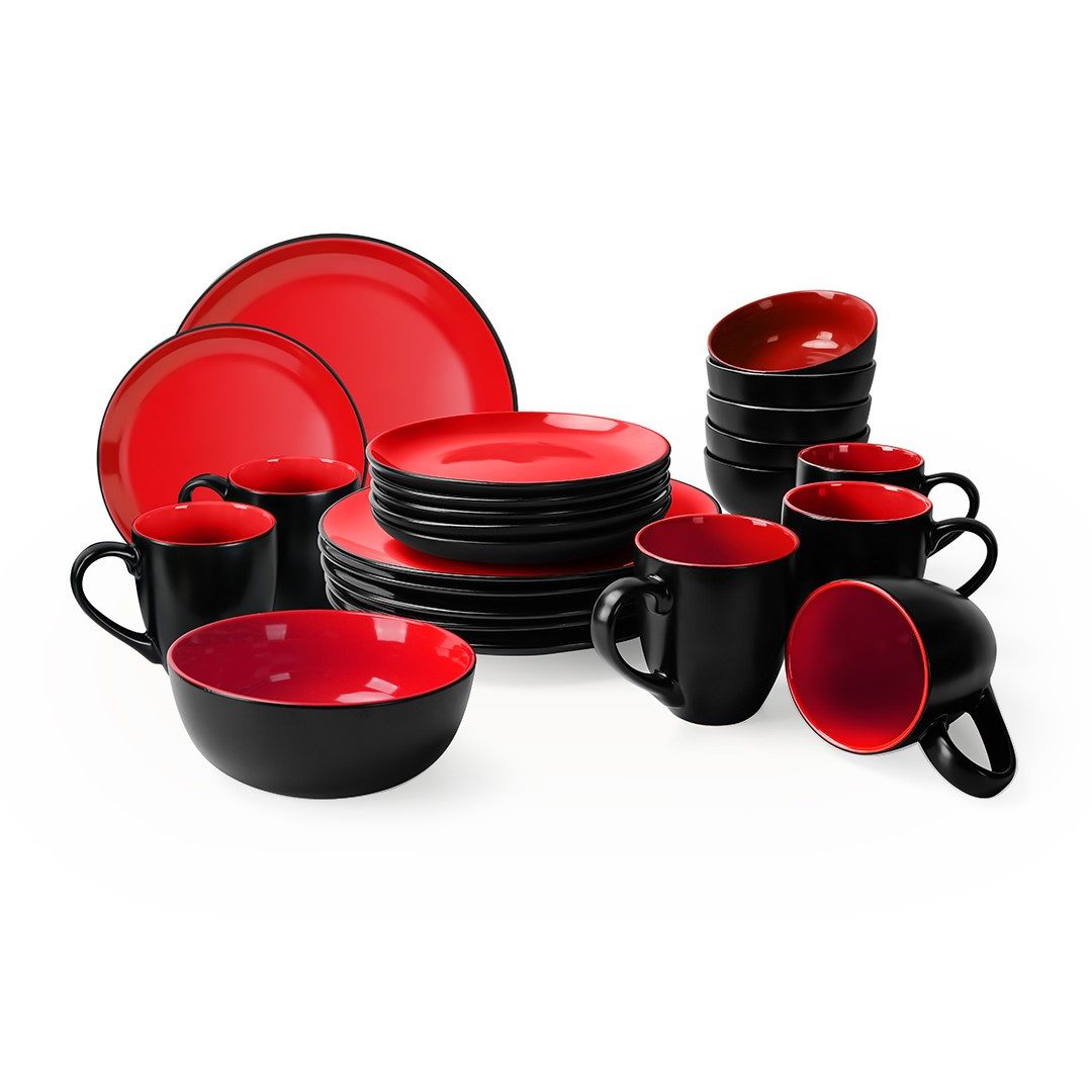 MiaMio Tafelservice Tafelservice 24tlg Geschirrset 6 Personen Kombiservice Keramik - Rot (24-tlg), 6 Personen, Keramik