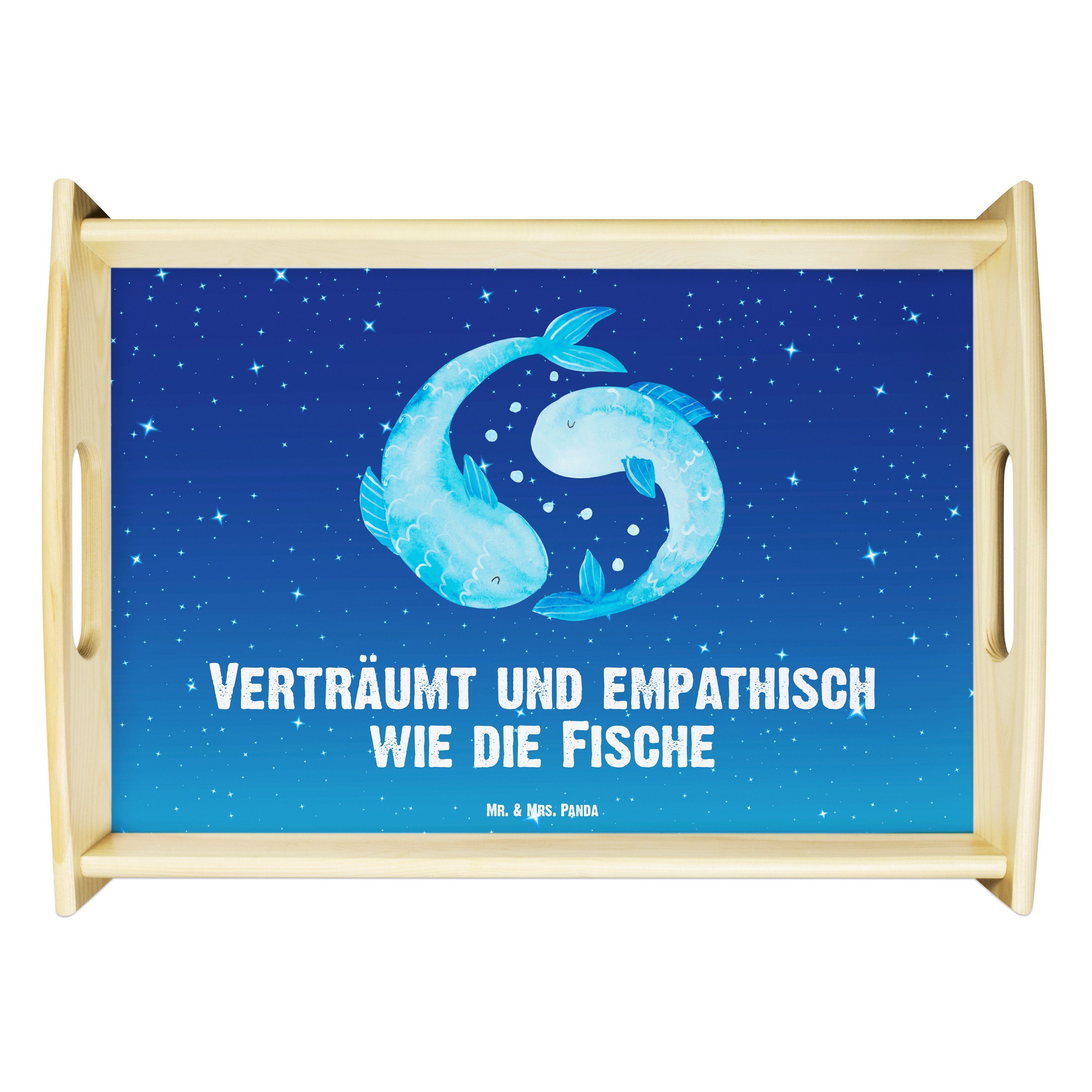 Mr. & Mrs. Panda Tablett Sternzeichen Fische - Sternenhimmel Blau - Geschenk, Frühstückstablet, Echtholz lasiert, (1-tlg) | Tabletts