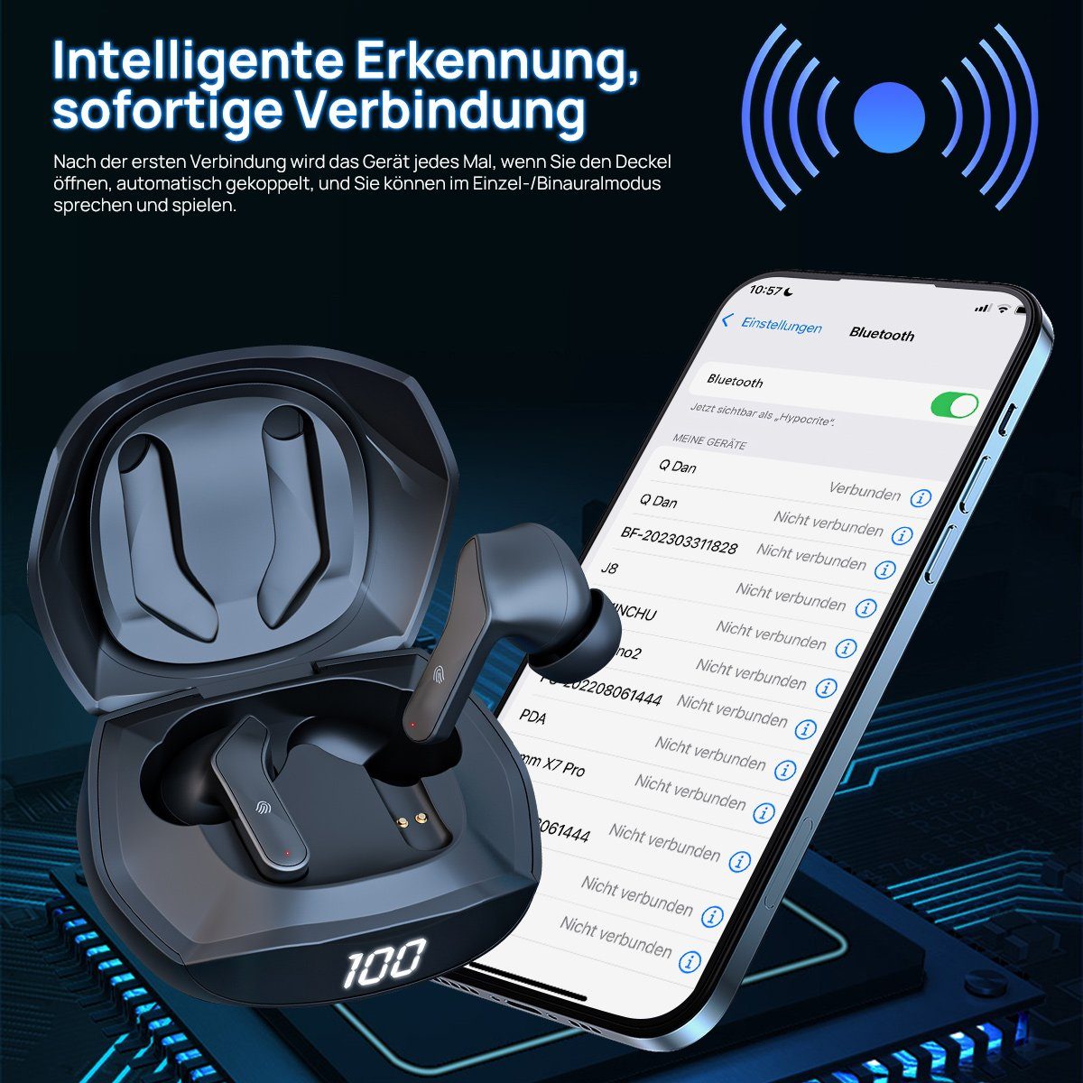 MOOHO Kabellose Kopfhörer, 2023 Neue Wasserdicht Musik-Modus) Siri, Kopfhörer Wireless Schwarz IPX6 Cancelling (ENC Bass, 40H Gaming-Modus Noise Bluetooth-Kopfhörer Wireless & Ohrhörer USB-C, Dual-Mode-Kopfhörer: LED-Anzeige Tiefer und Earbuds Sprache