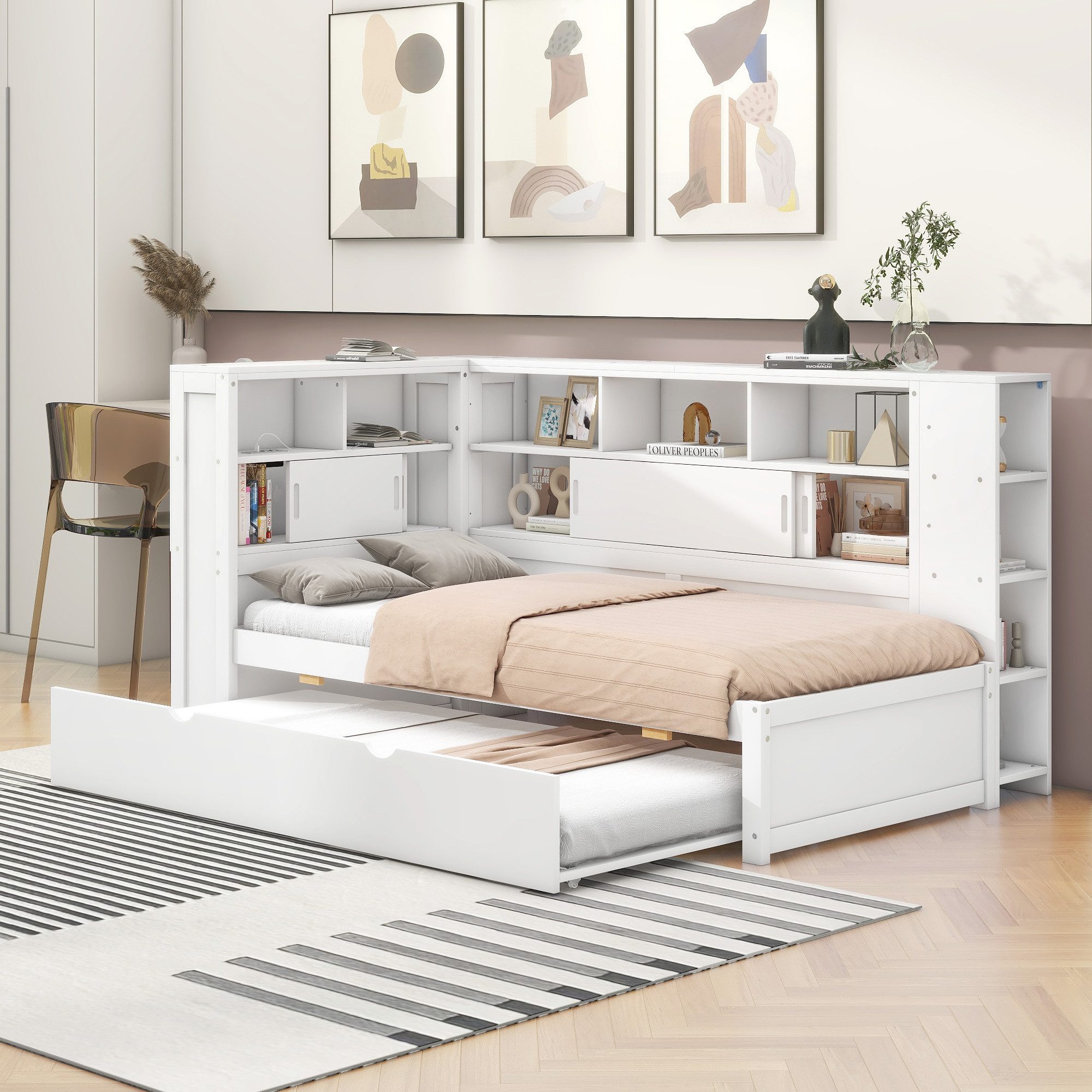 OKWISH Stauraumbett Holzbett Einzelbett Kinderbett mit Ausziehbett, mit Sta günstig online kaufen