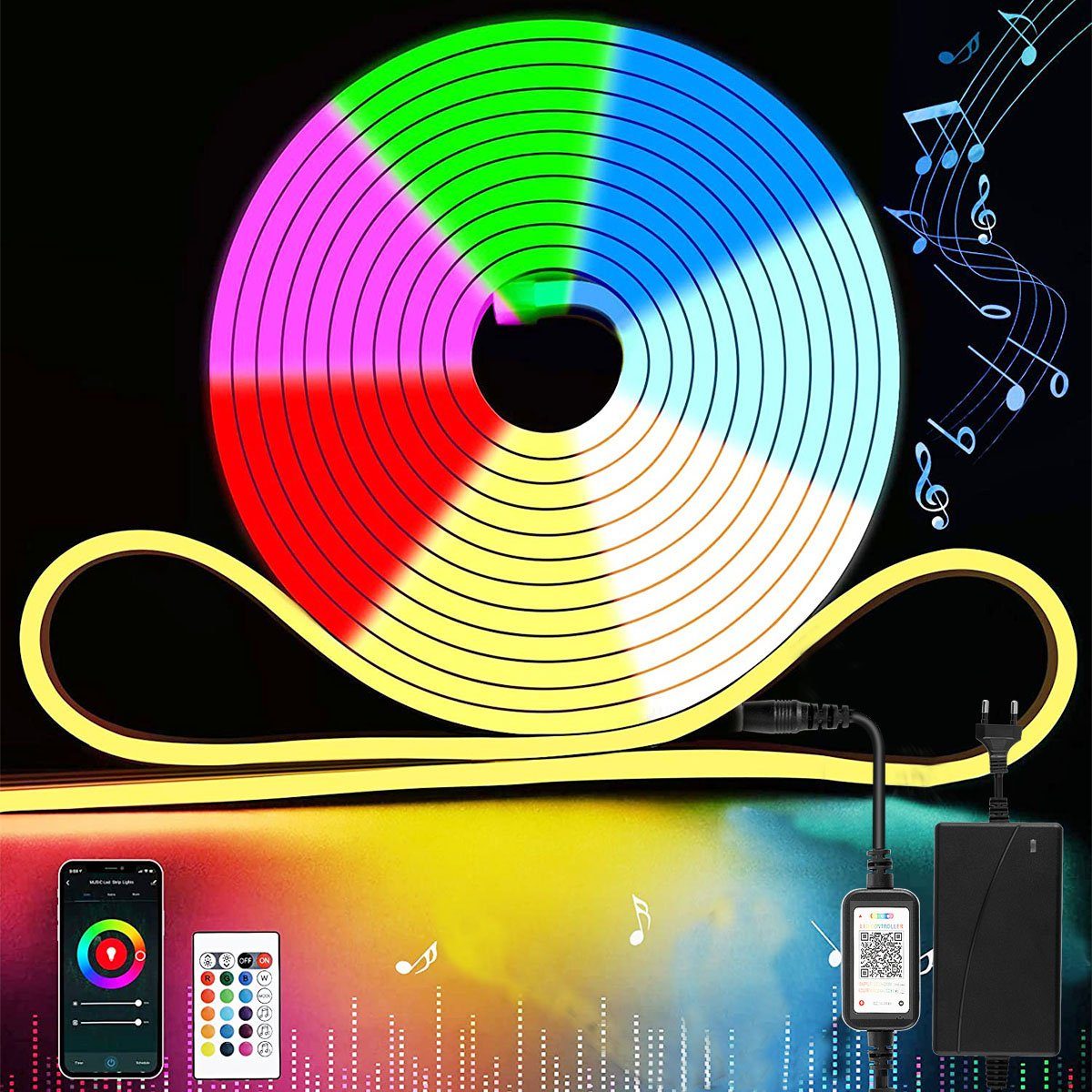 oyajia LED Stripe 12V RGB LED Neon Strip 5m, LED Lichtband mit Bluetooth-Controller, IP65 Wasserdicht Silikon LED Streifen mit Fernbedienung Farbwechsel 5M Bluetooth LED Neon Strip