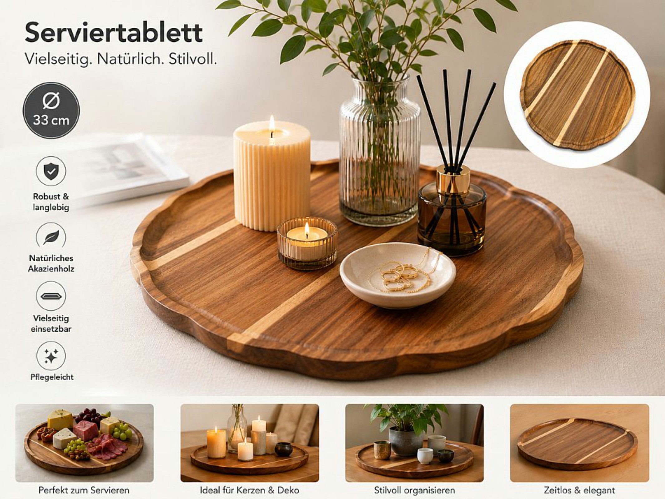 Koopman Tablett Serviertablett Dekotablett Obstteller Akazie 33cm, Akazie, (Stück, 1-tlg., Packung), 1,5cm hoch, Braun, Naturprodukt, Wohnaccessoire, Einzelstück