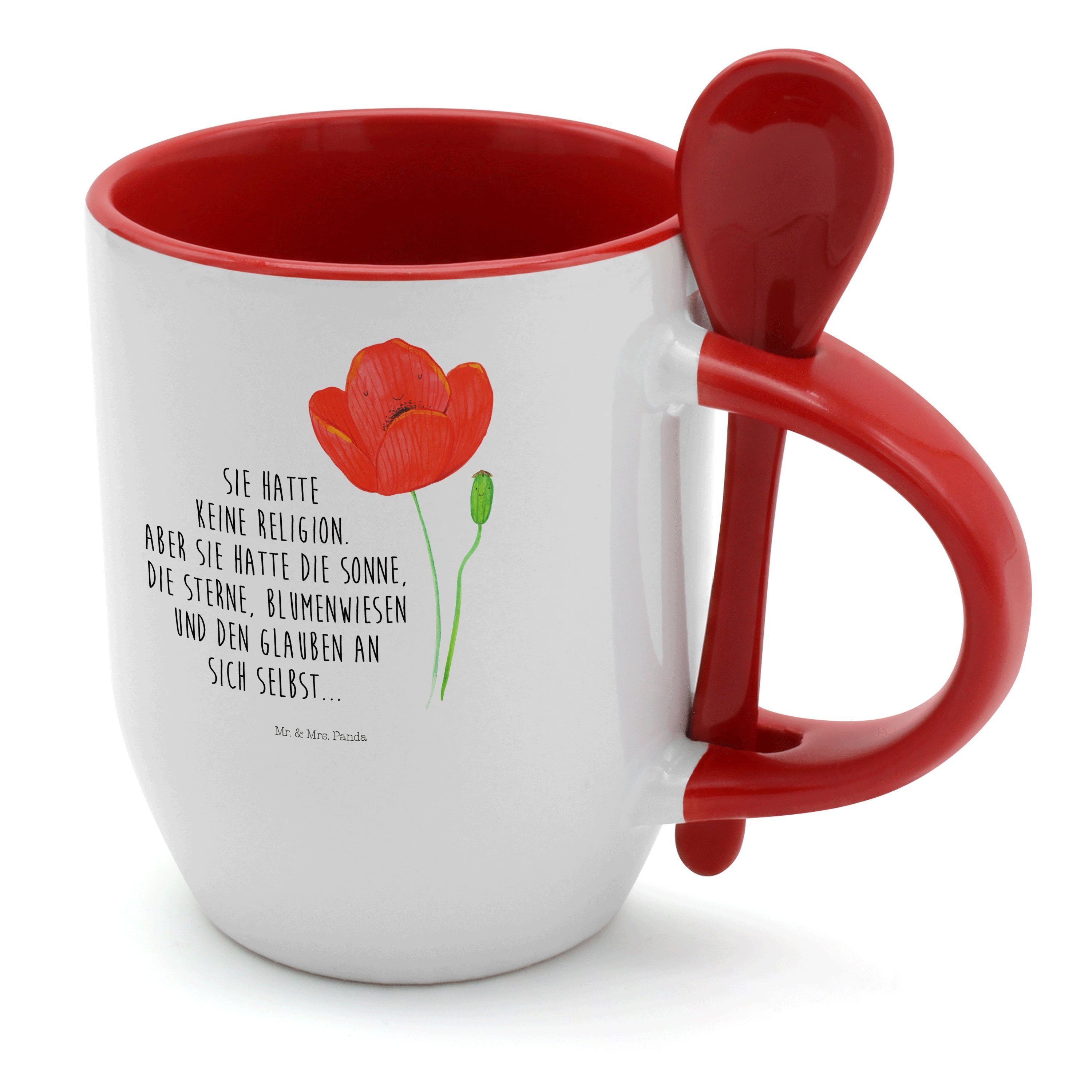 Mr. & Mrs. Panda Tasse Blume Mohnblume - Weiß - Geschenk, Kaffeebecher, Tasse, Tasse mit Löf, Keramik, Charmanter Keramik-Löffel