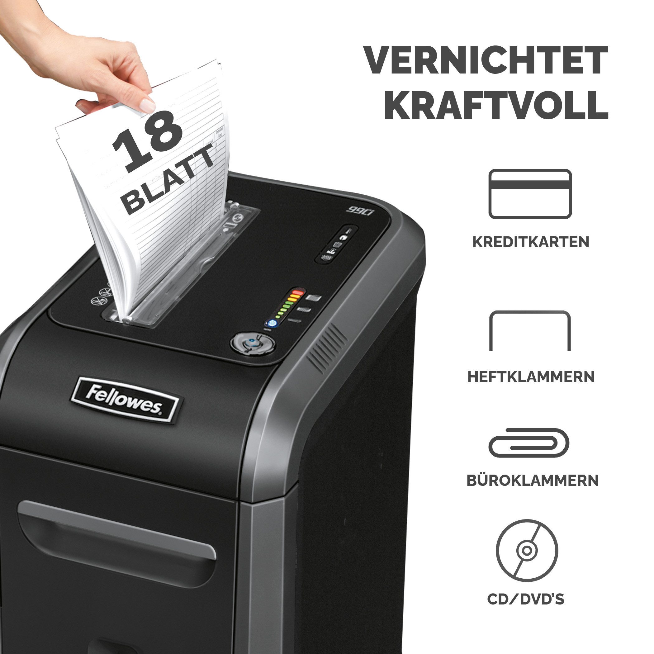 FELLOWES Aktenvernichter Fellowes Aktenvernichter 99Ci Partikelschnitt 4x38mm P4 mit Rollen, SafeSense, SilentShred, 100% staufrei, Schlaf Modus, Partikel P-4, 34L