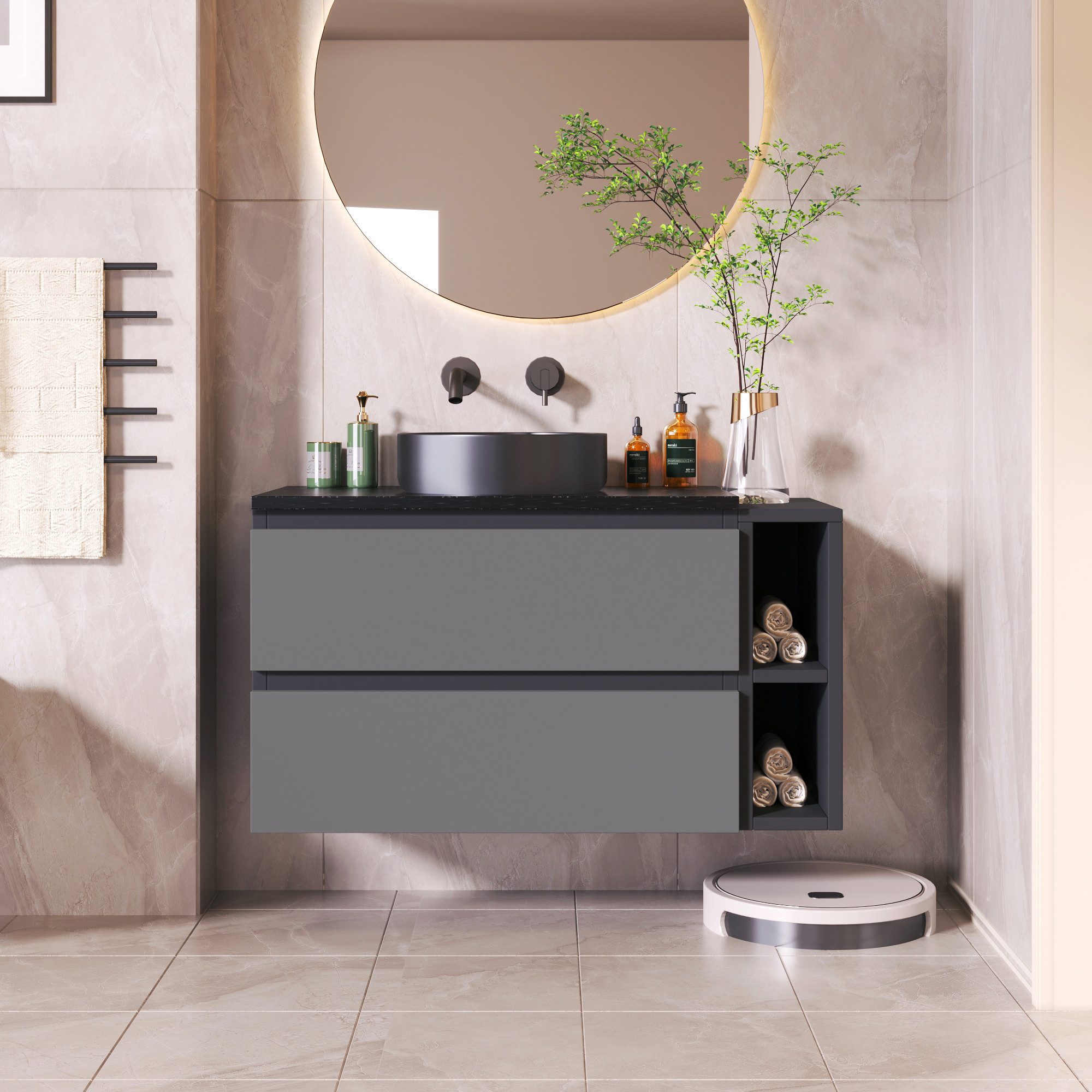 MODFU Waschbeckenunterschrank Waschbeckenunterschrank – 80 cm breit, mit Keramikwaschbecken (Packung, Mit Schubladen, Farbe Schwarz-Grau, modernes Design) Platzsparendes Badmöbel-Set für zeitgemäße Badeinrichtung