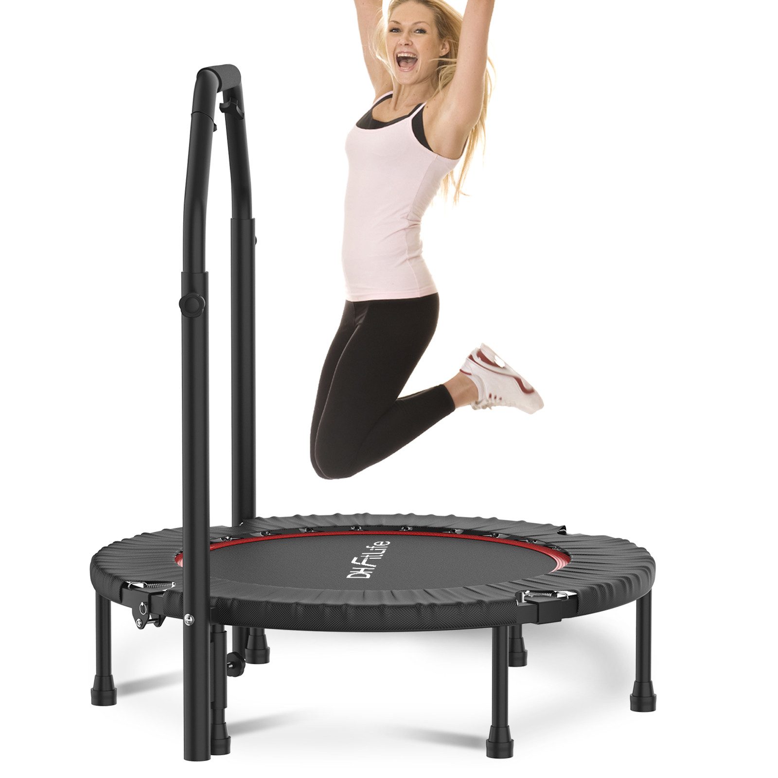 DH FitLife Fitnesstrampolin Indoor Trampolin klappbar ohne Installation Ø102cm 40 Zoll, Ø 102 cm, (Tragfähigkeit 150 KG, 4 verstellbare Handgriffstufen), Tragfähigkeit 150 KG, Stabiler und leiser für Kinder u. Erwachsene