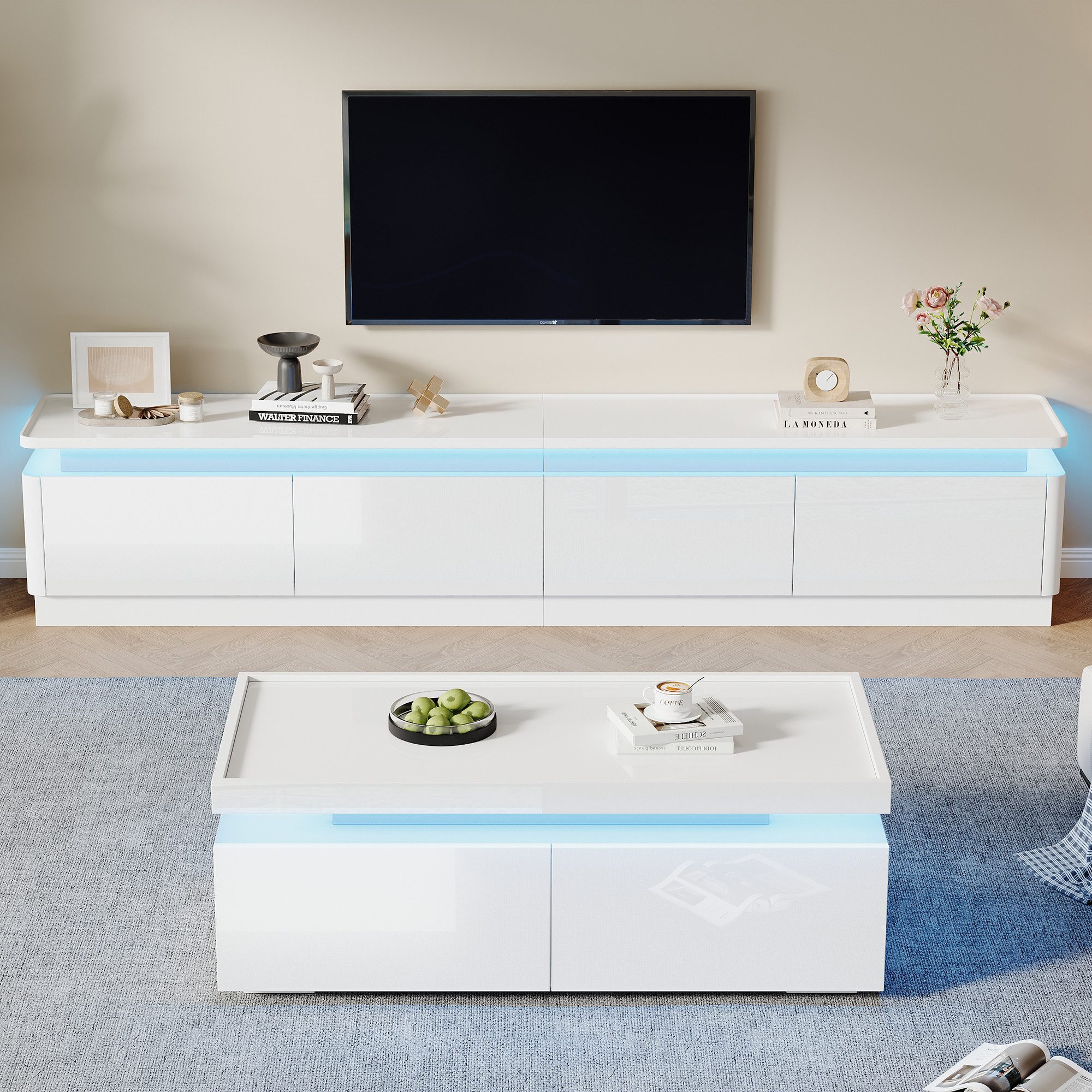 MODFU Wohnzimmer-Set TV-Schrank- und Couchtisch-Set, (TV-Wandkombination, 2-St., mit bogenförmige Designelemente), mit LED-Leuchten