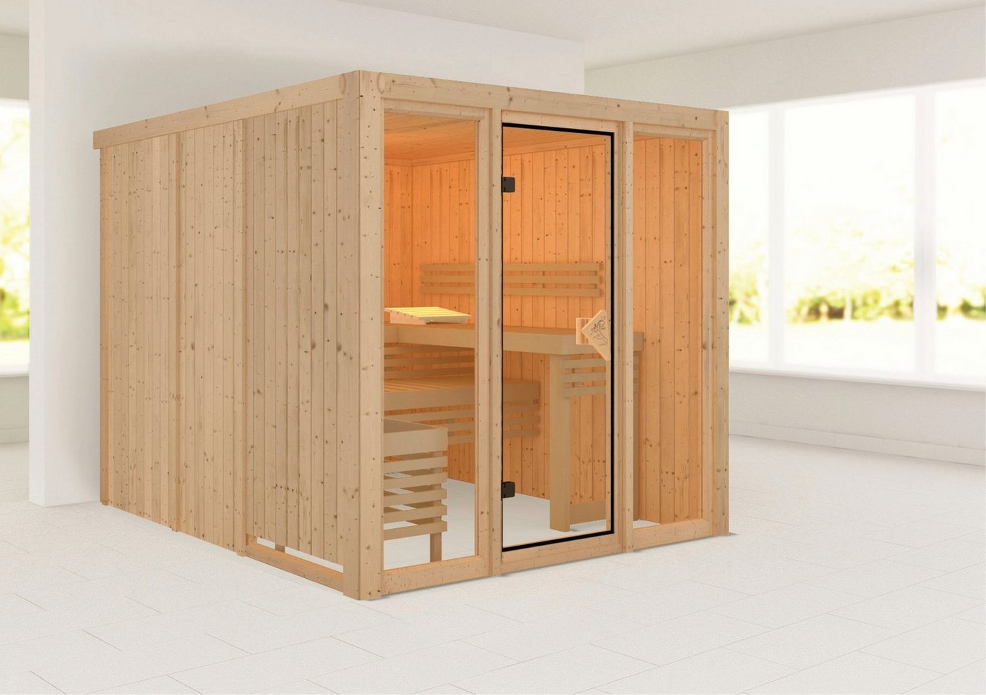 Thumbnail - welltime Sauna Artja, BxTxH: 216 x 234 x 198 cm, 68 mm, naturbelassen, ohne Ofen
