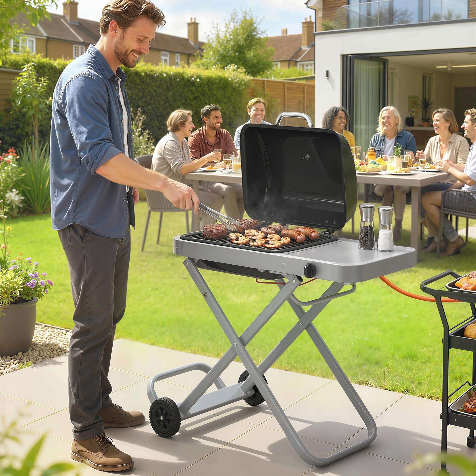 Outsunny Gasgrill mit Faltbarem Rollwagen, Grillrost, Seitentisch, Deckel, Thermometer, Tischgrill, Grillwagen, für BBQ Camping Garten Terrasse