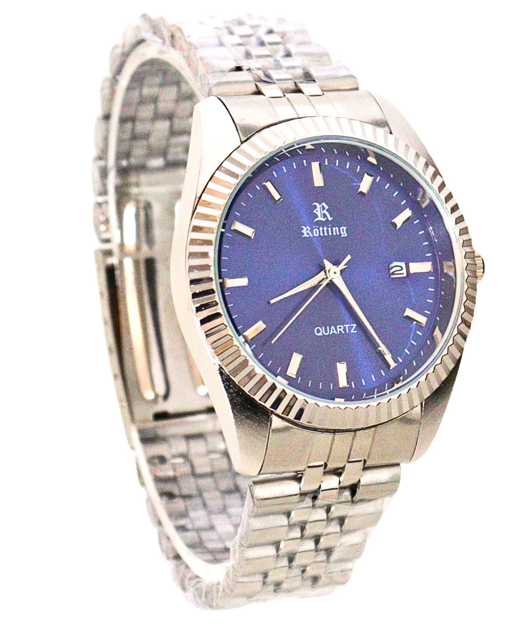 Rötting Design Quarzuhr Herrenuhr Quarz silberfarbene Lünette Ziffernblatt blau metallic DATUM