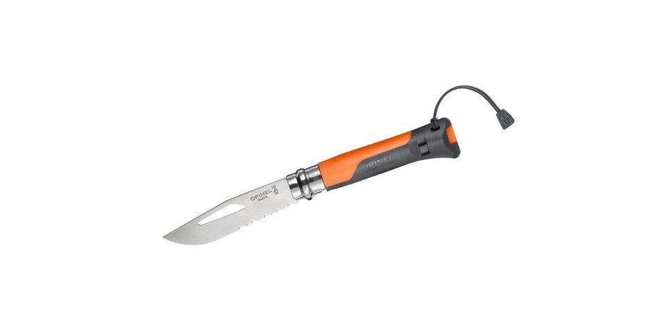 Opinel Карманные ножи Opinel Einhandmesser Outdoor No. 08, Teilwellenschliff, orange, (1 St), Signalpfeife, Teilwellenschliff
