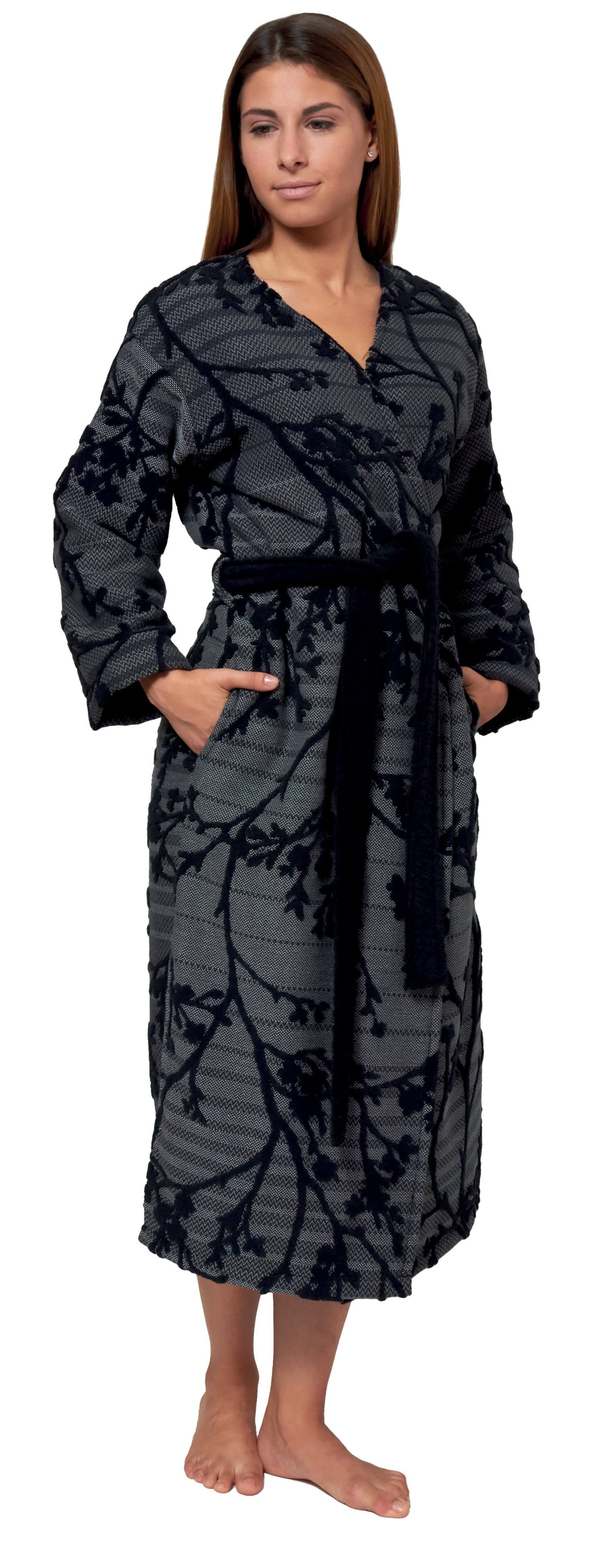 Lasa Home Damenbademantel, Baumwolle, Kimono-Kragen, Gürtel, Modisches Design schwarz / grau