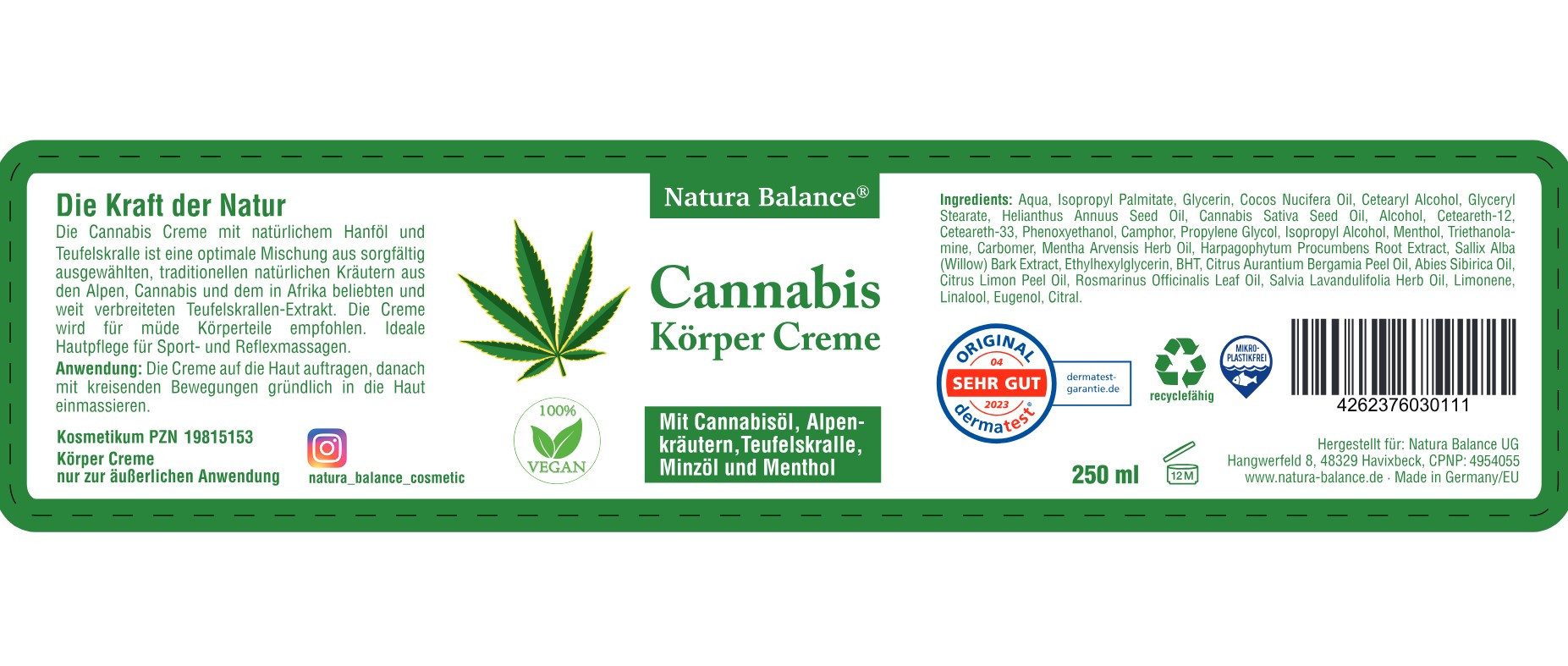 Natura Balance Bodylotion 2 Dosen a 250 ml Cannabis Körper Creme Alpenkräuter Salbe, 2-tlg.