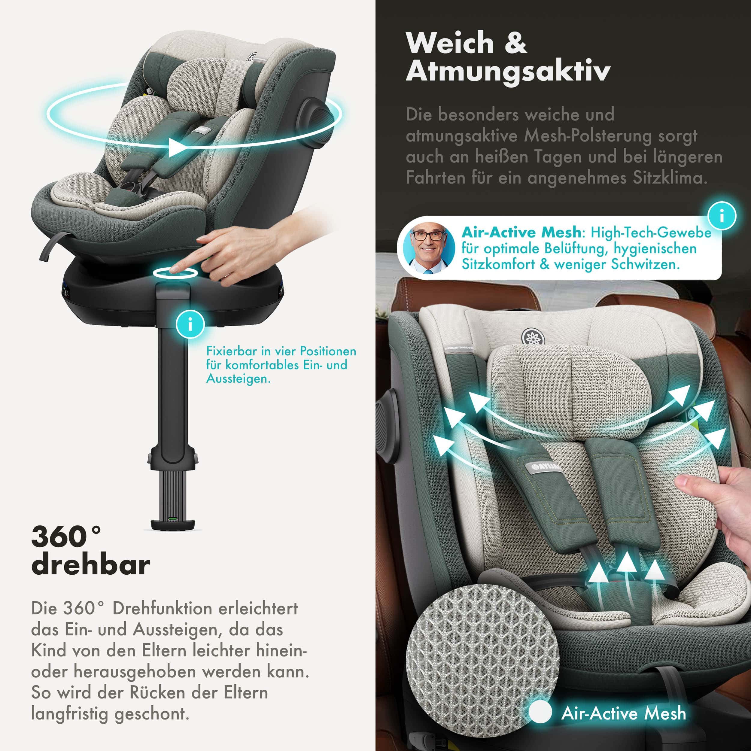 Daliya® Autokindersitz BRAVO i-Size Auto-Kindersitz, 360° drehbar, mitwachsend, atmungsaktiv, ab: ab Geburt, bis: bis 12 Jahre, ab: 40 cm, bis: 150 cm, (Neugeborenen-Set, 4-tlg), 8 Stufen Sitzneigung, verstellbare Kopfstütze, Stützbein, Belüftet