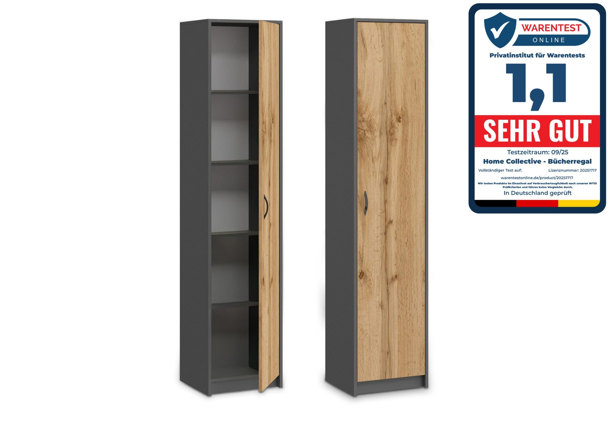 Home Collective Aktenschrank Bücherregal Kleiderschrank Regal 40cm breit 180cm hoch Schrank (Regal Wand schmal Holz für Schlafzimmer Flur Keller Büro) Mehrzweckschrank mit 4 verstellbaren Einlegeböden Anthrazit-Eiche