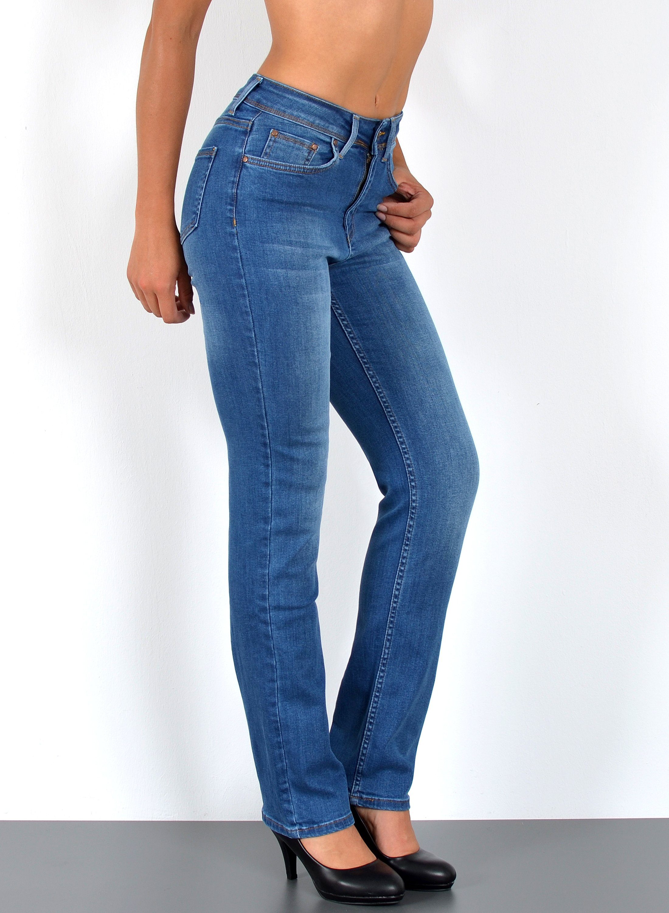 ESRA Straight-Jeans High Waist Straight Fit Jeans Damen Geradeschnitt Hose Straight High Waist Damen Jeans Straight Hose Gerade Schnitt Jeanshose Stretch