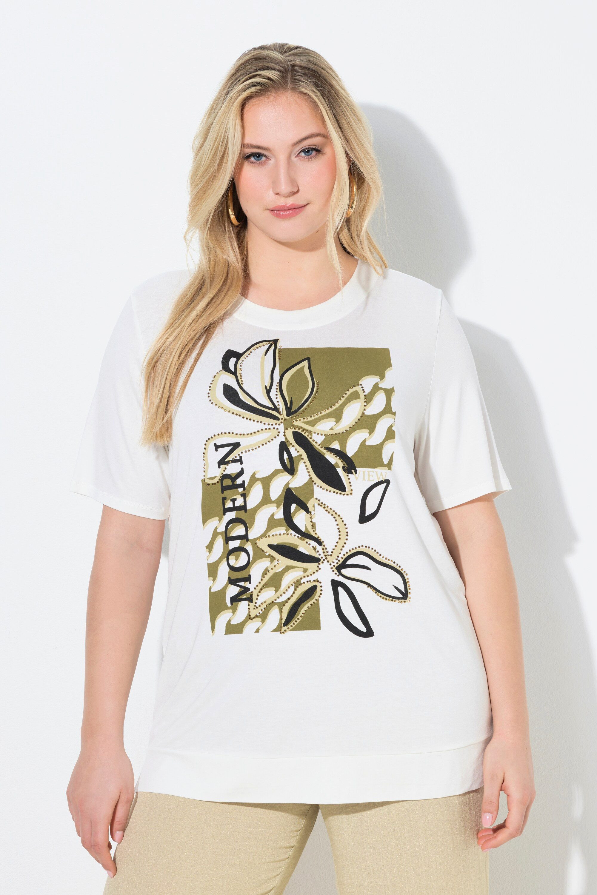 Ulla Popken T-Shirt T-Shirt Blütenmotiv Ziersteine Rundhals Halbarm