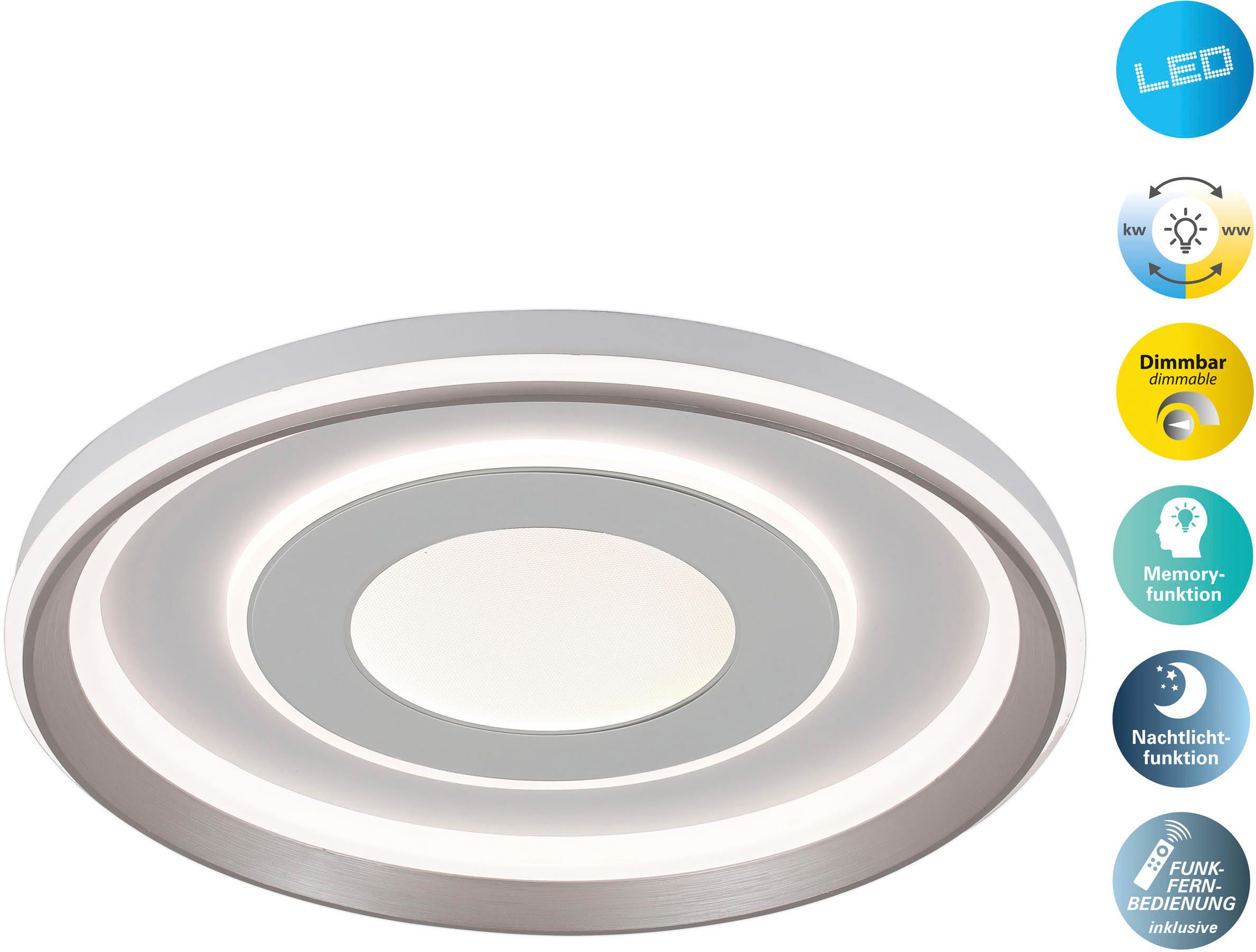 näve LED Deckenleuchte Doira, CCT - über Fernbedienung, Dimmfunktion, Memoryfunktion, Nachtlichtfunktion, dimmbar über Fernbedienung, mehrere Helligkeitsstufen, LED wechselbar, warmweiß - kaltweiß, weiß/silber, dimmbar per Fernbedienung (inkl), CCT, Memory, Nachtlicht