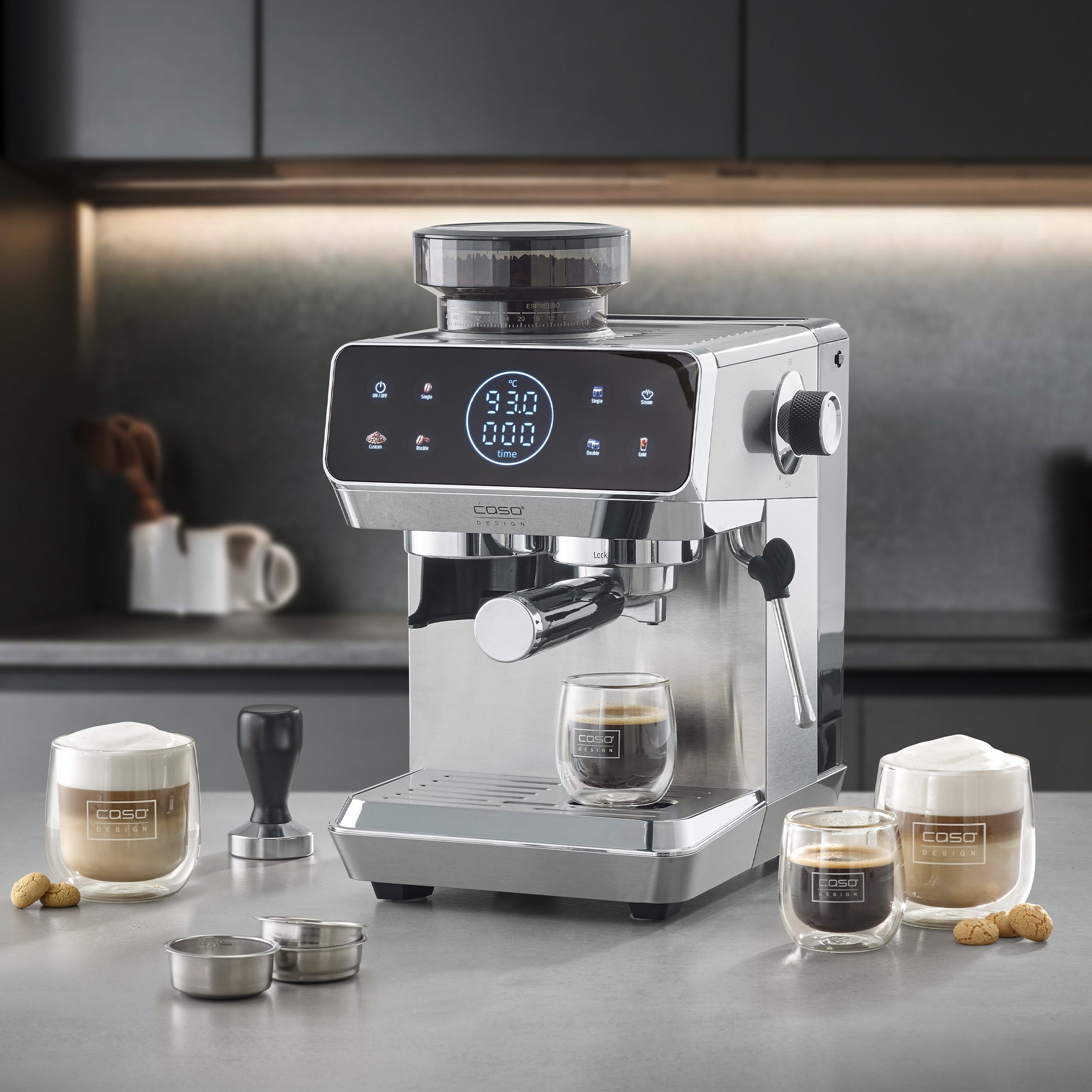 Caso Siebträgermaschine EspressoGourmet & Grind, Automatische Vorbrühfunktion, Cold Brew-Funktion