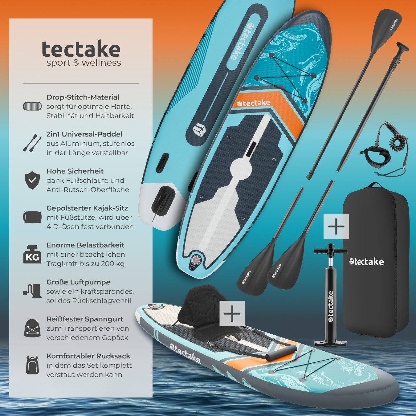 tectake SUP-Board Sup Zenon - Aufblasbares Allroundboard mit Kippstabilität, Stand-up Paddle, (stand up paddling board Zenon, in türkis/orange), 3-Finnensystem für optimale Spurtreue