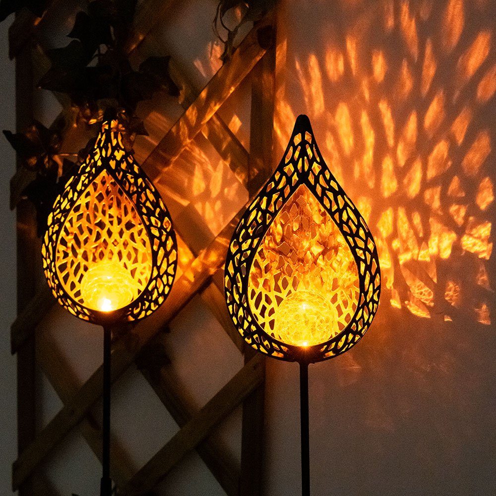 etc-shop LED Solarleuchte, LED-Leuchtmittel fest verbaut, Warmweiß, 2er Set LED Solar Außen Lampe Flammen Optik Glas Kugel Steck Strahler